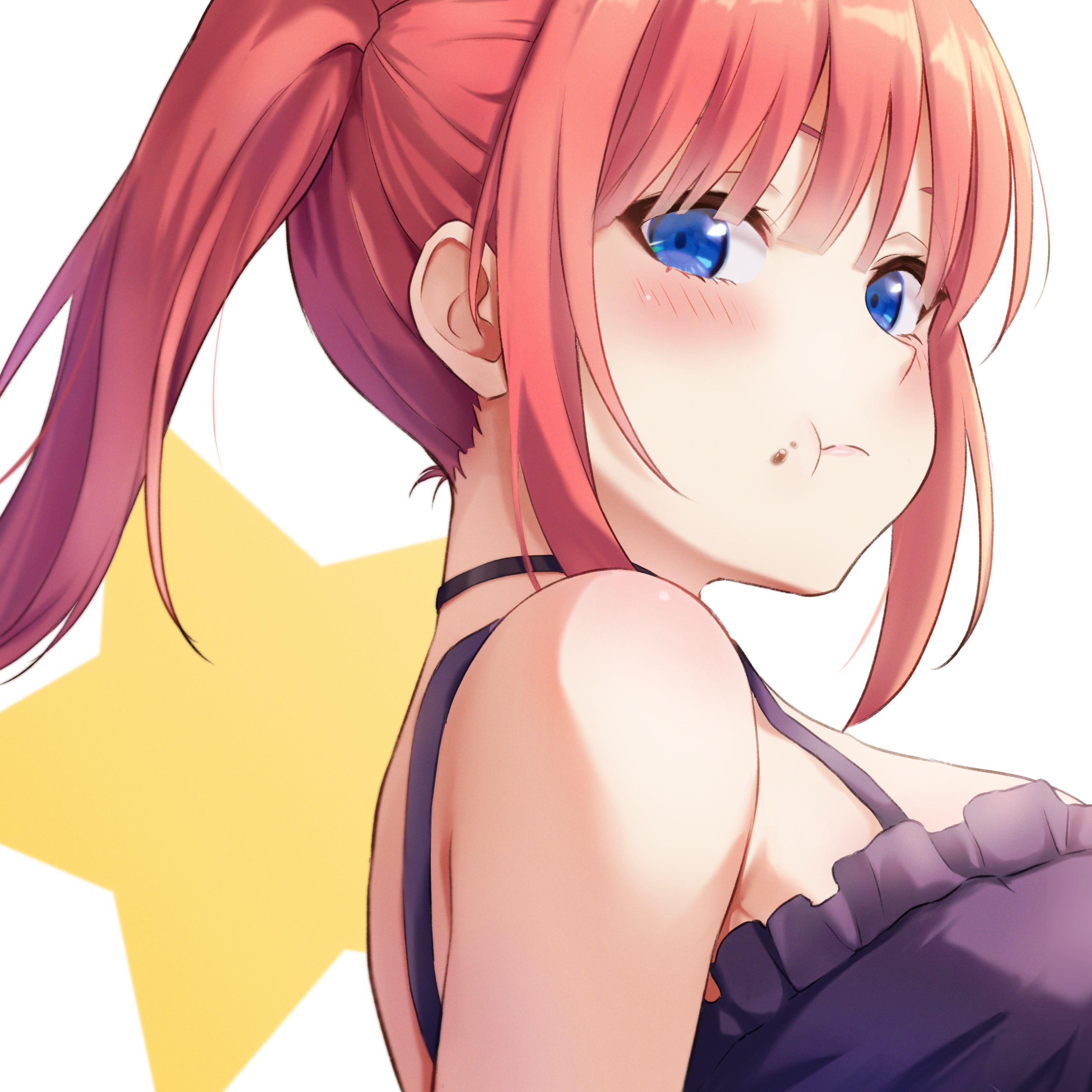 lita illust, nakano itsuki, nakano nino, go-toubun no hanayome, absurdres, commentary, highres, 1girl, :t, bare shoulders, black camisole, black choker, blue eyes, blunt bangs, blush, breasts, camisole, choker, closed mouth, cosplay, eating, eyebrows hidden by hair, eyelashes, food, food on face, frilled camisole, frills, from side, hair between eyes, large breasts, looking at viewer, nakano nino (cosplay), ponytail, red hair, sidelocks, simple background, solo, star (symbol), tsurime, upper body, white background
