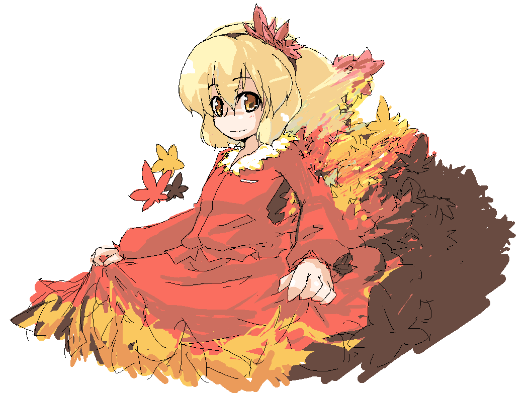 sasurai, aki shizuha, touhou, 1girl, autumn leaves, blonde hair, female focus, hair ornament, leaf, leaf hair ornament, solo