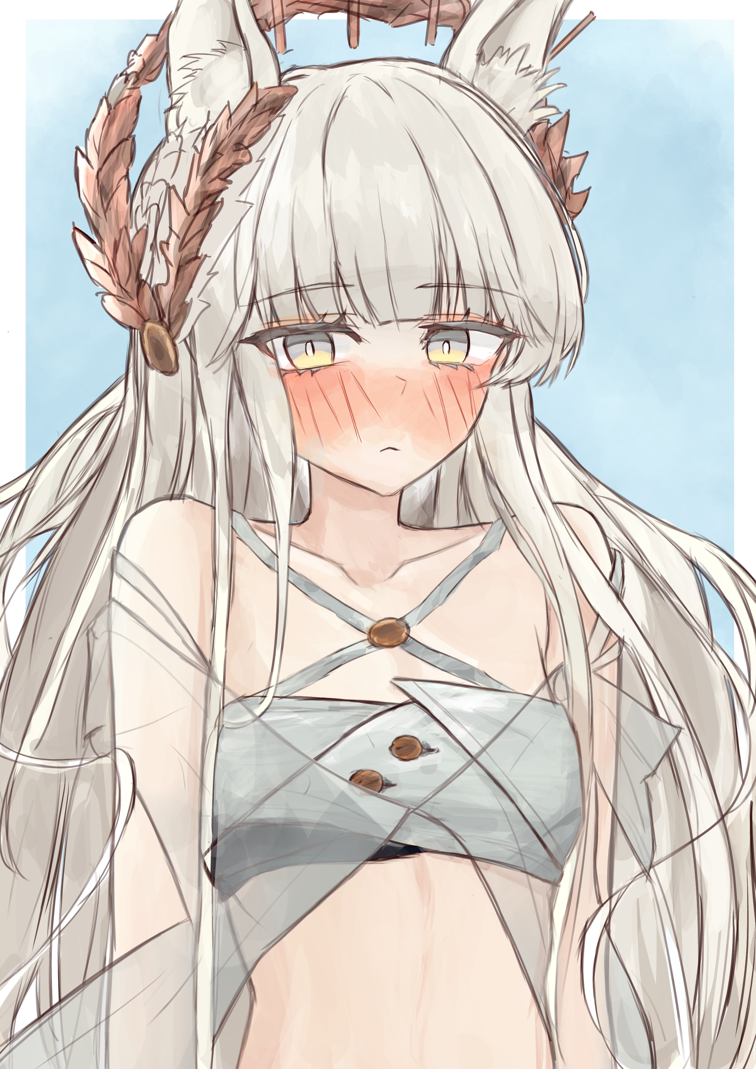 platinum (arknights), platinum (shimmering dew) (arknights), arknights, absurdres, commentary request, highres, 1girl, :<, animal ear fluff, animal ears, arms at sides, bandeau, bare shoulders, blue background, blunt bangs, blush, collarbone, criss-cross straps, embarrassed, flat chest, horse ears, laurel crown, long hair, long sidelocks, looking at viewer, rorumarimo, see-through clothes, sidelocks, solo, strapless, swimsuit, swimsuit cover-up, upper body, white bandeau, white hair, yellow eyes