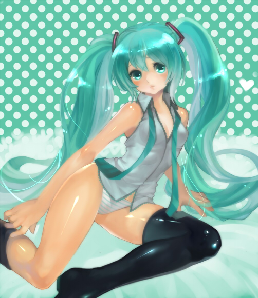 rarara, hatsune miku, vocaloid, bad id, bad pixiv id, aqua eyes, aqua hair, arm support, boots, long hair, necktie, panties, sitting, solo, striped clothes, striped panties, thigh boots, thighhighs, twintails, underwear, very long hair