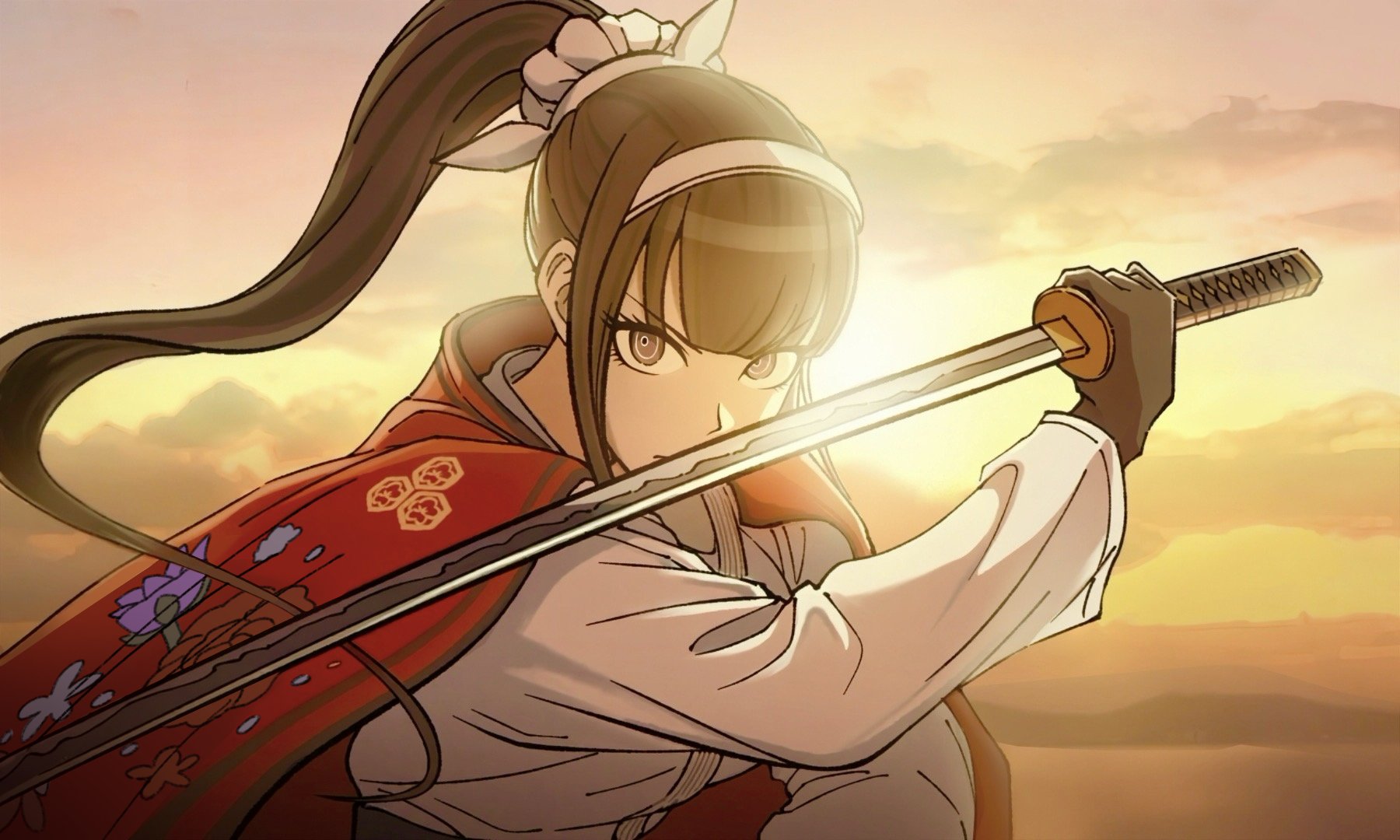 magadori kyoshika, the hundred line -last defense academy-, hashtag-only commentary, highres, 1girl, black gloves, black hair, cape, closed mouth, gloves, hairband, holding, holding sword, holding weapon, katana, killanyone00, long hair, long sleeves, looking at viewer, outdoors, ponytail, red cape, sky, solo, sword, weapon, white hairband
