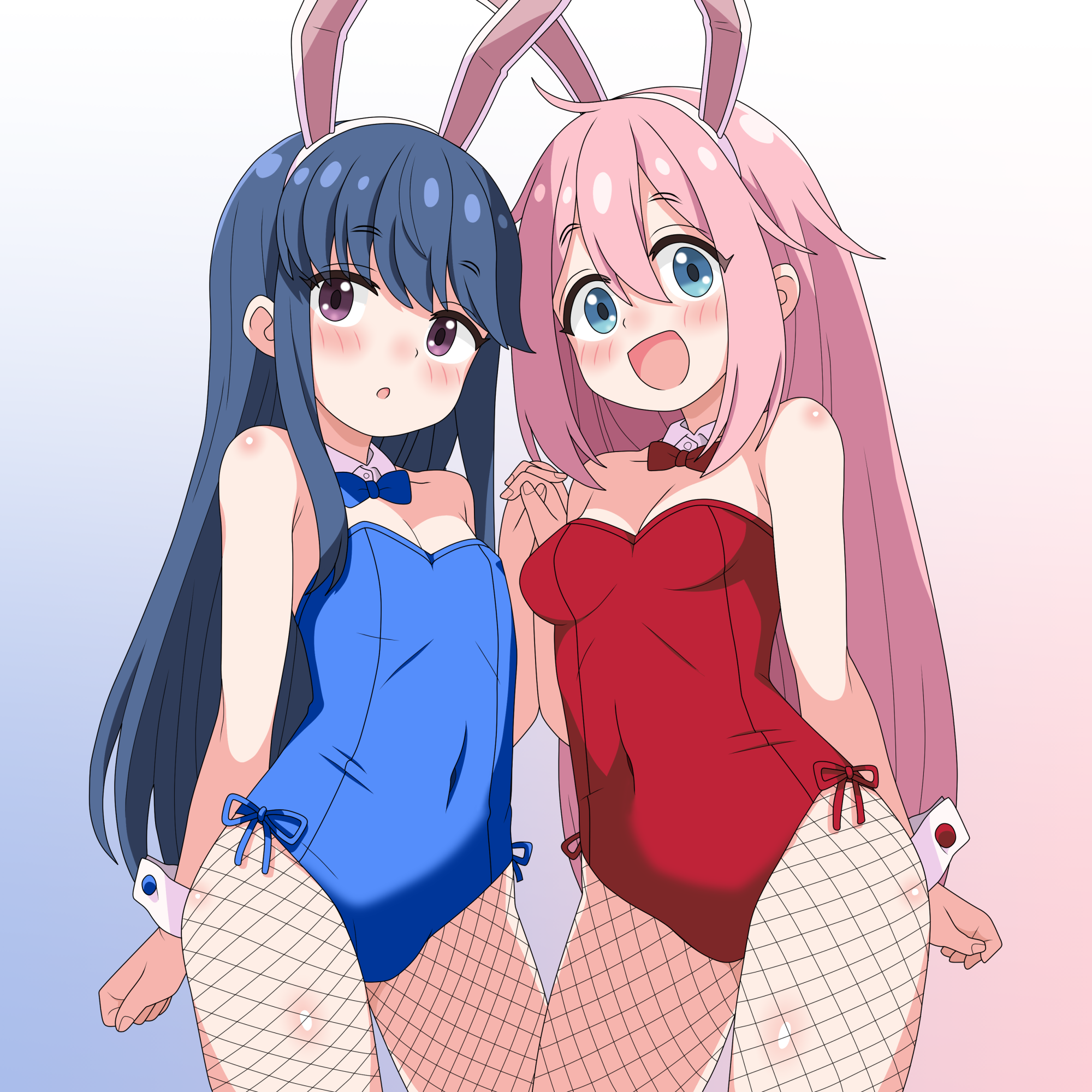 sakuzo, kagamihara nadeshiko, shima rin, yurucamp, commentary request, highres, 2girls, animal ear hairband, animal ears, blue bow, blue bowtie, blue eyes, blue hair, blue leotard, bow, bowtie, breasts, cowboy shot, detached collar, fake animal ears, fishnet pantyhose, fishnets, hairband, holding hands, leotard, long hair, medium breasts, multiple girls, pantyhose, pink hair, playboy bunny, purple eyes, rabbit ears, red bow, red bowtie, red leotard, side-tie leotard, small breasts, smile, standing, strapless, strapless leotard, wrist cuffs