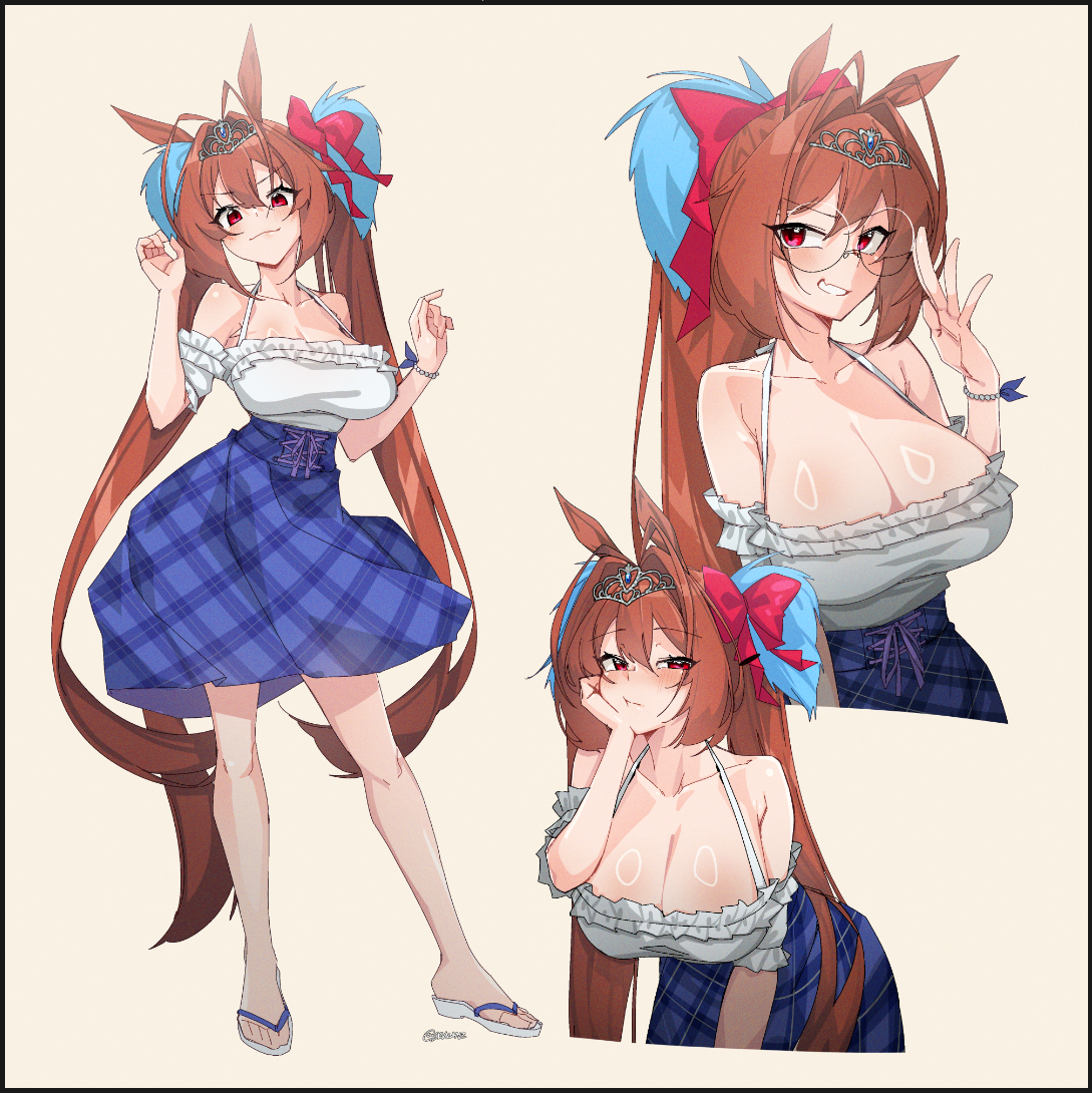tilt-shift (azalanz), daiwa scarlet (umamusume), umamusume, 1girl, animal ears, bespectacled, blue skirt, breasts, brown hair, cleavage, collarbone, glasses, grey background, horse ears, horse girl, horse tail, large breasts, long hair, multiple views, plaid clothes, plaid skirt, red eyes, round eyewear, simple background, skirt, smile, tail, twintails