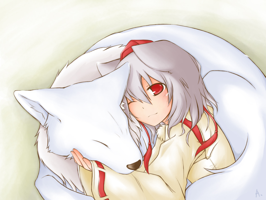 adolsunny, inubashiri momiji, touhou, silver hair, 1girl, animal ears, female focus, gradient background, lying, red eyes, solo, white background, wolf, wolf ears