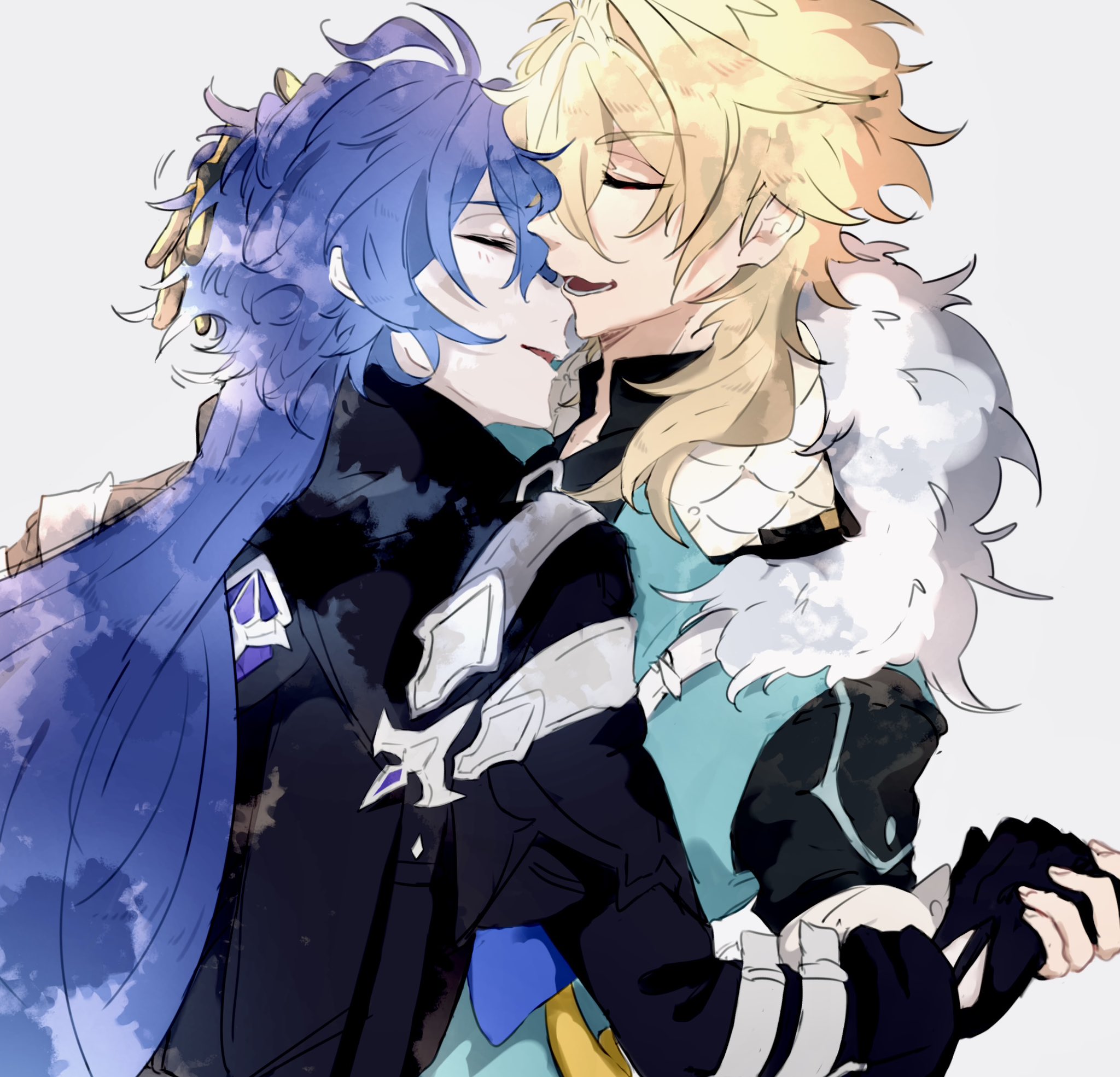 flins (genshin impact), varka (genshin impact), genshin impact, highres, 2boys, antenna hair, black coat, black gloves, blonde hair, blue hair, closed eyes, coat, fingernails, fur-trimmed collar, fur trim, gloves, hand in another's hair, holding hands, ktkrotu, long hair, long sleeves, male focus, medium hair, motion lines, multiple boys, open collar, open mouth, parted bangs, simple background, smile, teeth, upper body, very long hair, white background, yaoi