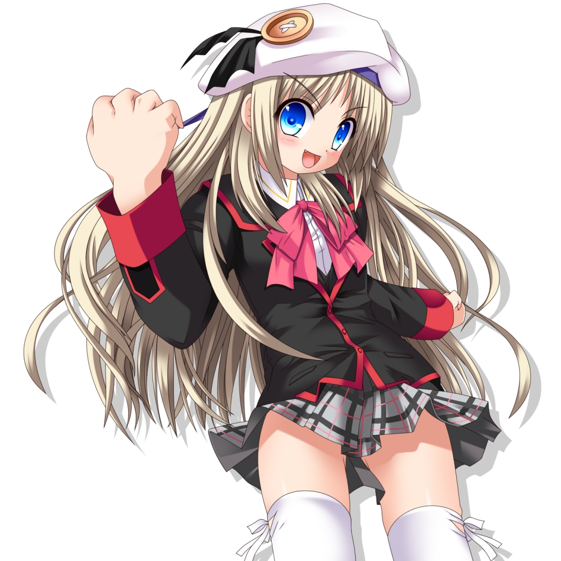 rindou, rindou (awoshakushi), noumi kudryavka, little busters!, silver hair, 1girl, beret, blonde hair, blue eyes, blush, bow, buttons, cape, fang, fangs, female focus, hat, large buttons, long hair, open mouth, pink bow, plaid clothes, plaid skirt, ribbon, school uniform, skirt, solo, thighhighs