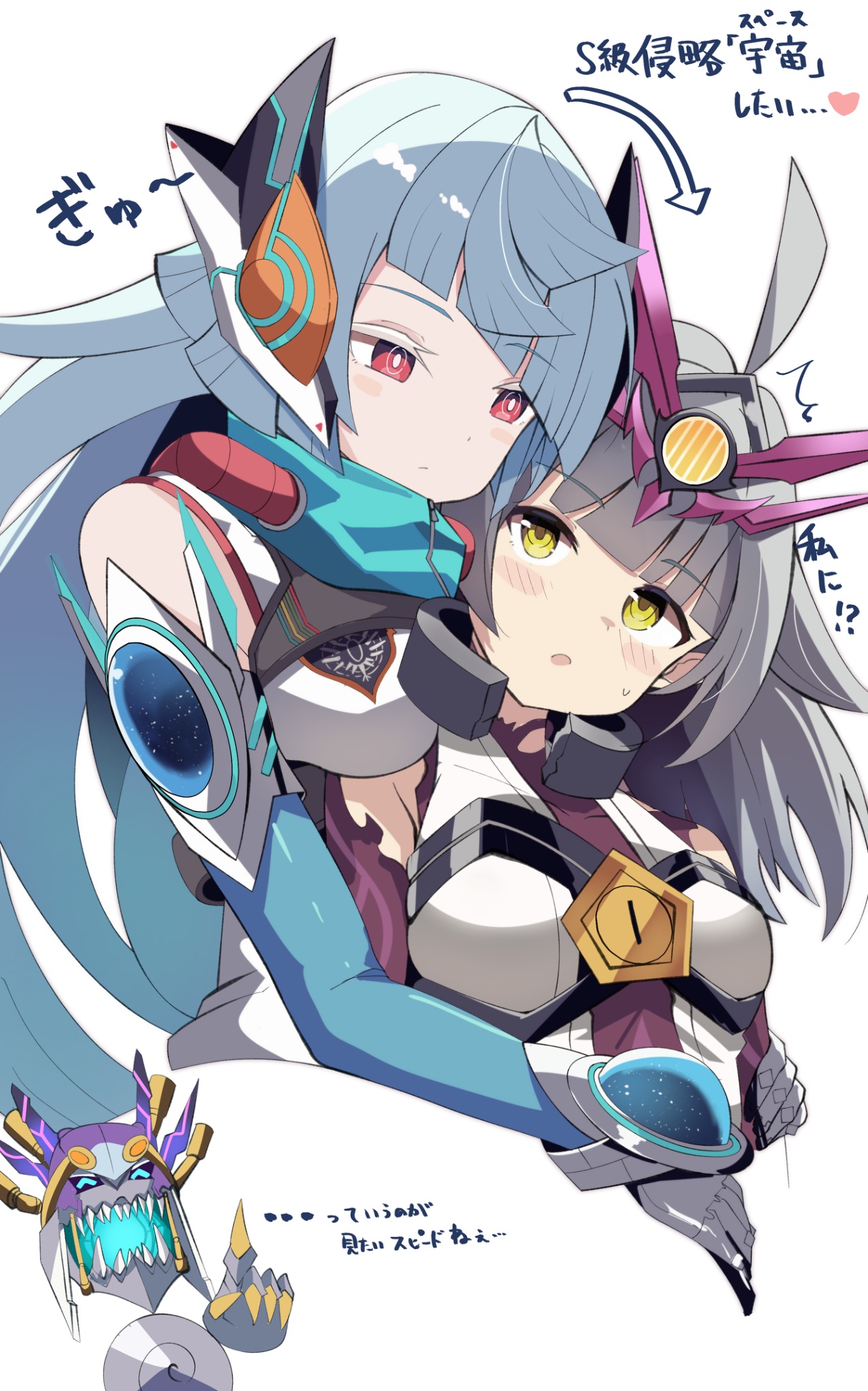 koshian (taiyaki), adamski s-rank space, duel masters, duel masters play's, highres, translation request, 2girls, ^^^, ahoge, aqua hair, breast strap, closed mouth, colored eyelashes, detached sleeves, ear protection, gloves, grey hair, hair ornament, heart, hug, hug from behind, jacket, leotard, long hair, monster, multiple girls, open mouth, red eyes, red leotard, torn clothes, torn leotard, upper body, vivi (duel masters play's), white background, white eyelashes, white gloves, white jacket, yellow eyes, yuri