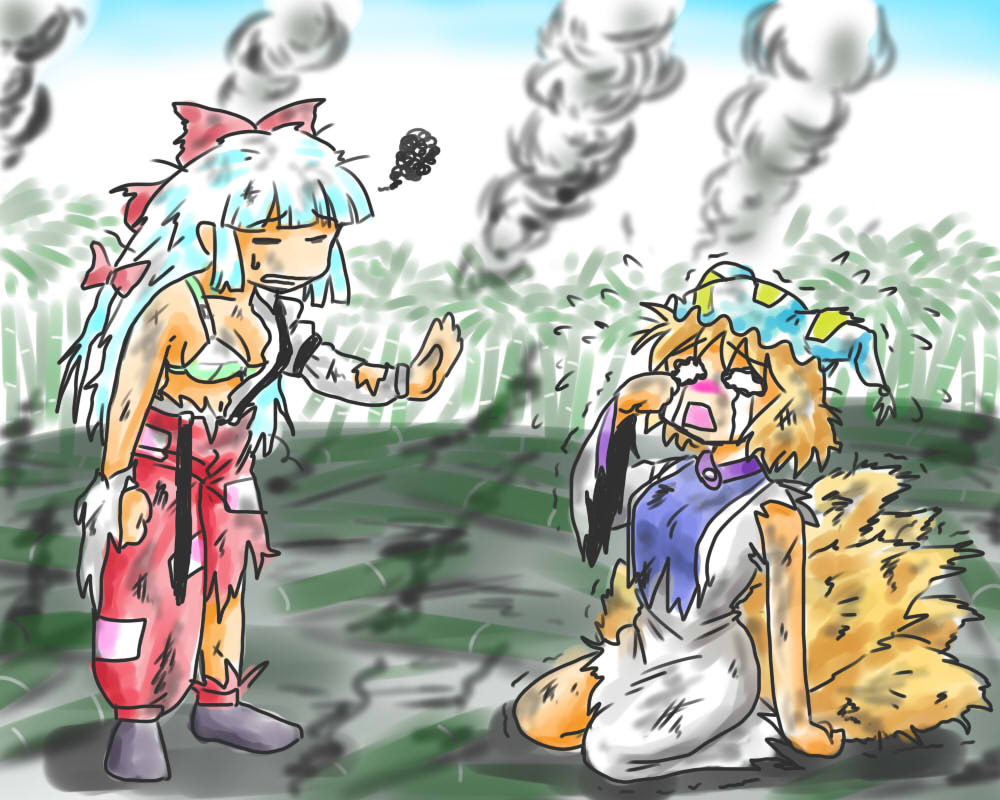 bit (kksbit), fujiwara no mokou, yakumo ran, touhou, bit, bad id, bad pixiv id, 2girls, bamboo, bamboo forest, bra, breasts, cleavage, female focus, forest, fox tail, green bra, hat, lingerie, long hair, multiple girls, multiple tails, nature, open mouth, orange hair, short hair, smoke, tail, tears, torn clothes, underwear