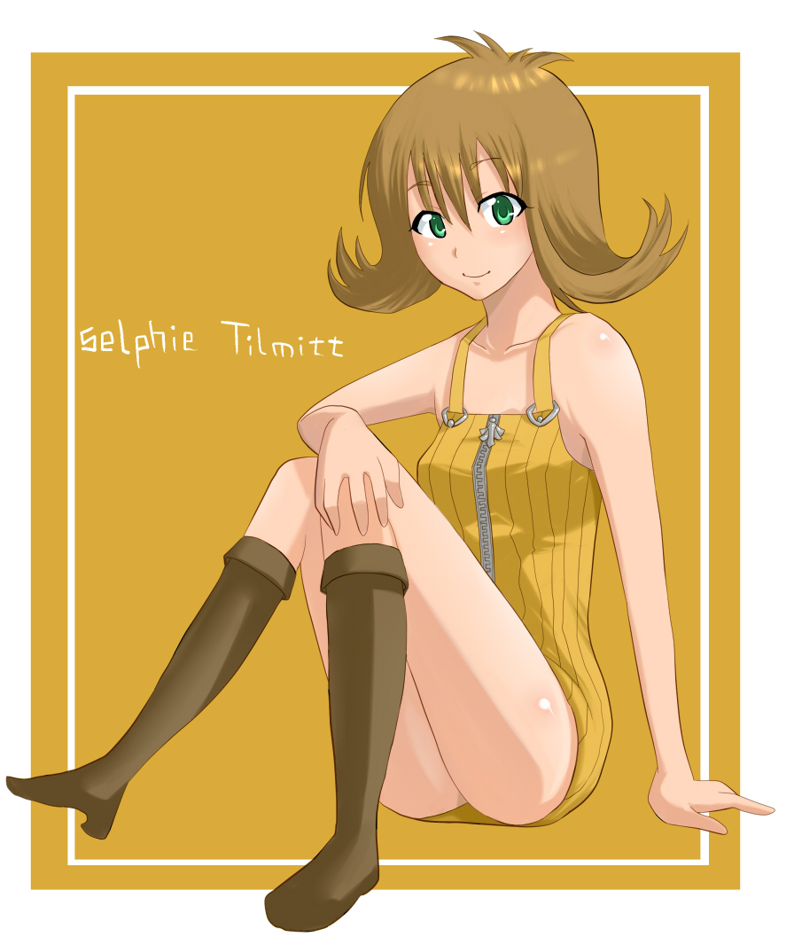 jont, selphie tilmitt, final fantasy, final fantasy viii, bad id, bad pixiv id, 1990s (style), 1girl, bare shoulders, blush, boots, breasts, brown hair, character name, dress, female focus, flipped hair, green eyes, medium breasts, overalls, retro artstyle, short hair, sitting, skirt, smile, solo, yellow background, yellow overalls, yellow skirt, yellow theme, zipper, zipper dress