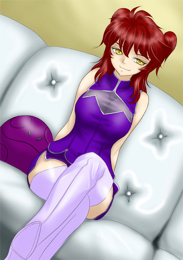 kakaoro kuji, bad haro, nena trinity, gundam, gundam 00, bad id, bad pixiv id, 00s, 1girl, blouse, boots, breasts, cleavage, crossed legs, female focus, huge breasts, large breasts, long hair, red hair, shirt, short hair, sitting, smile, solo, thigh boots, thighhighs, twintails, two side up, yellow eyes