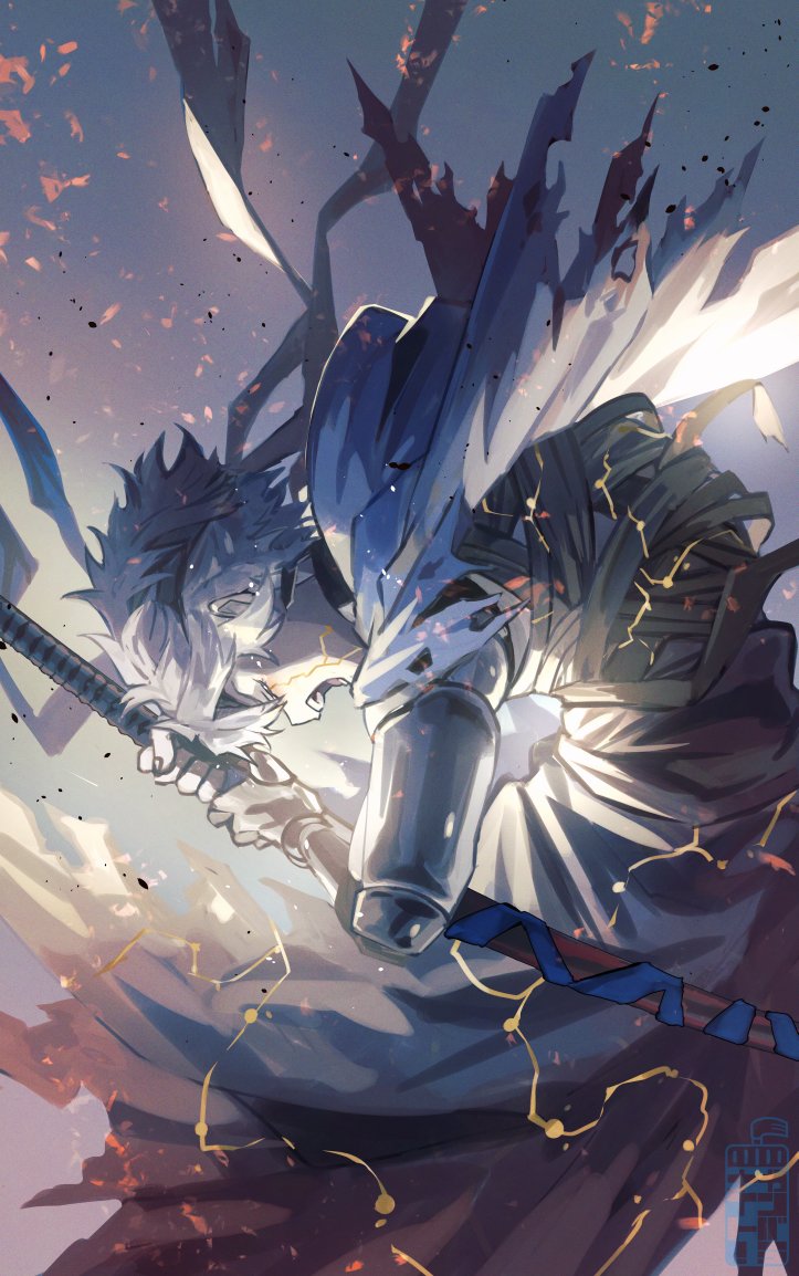 teria (teriarian), fate/grand order, fate (series), 1boy, bandaged torso, bandages, black headband, closed eyes, headband, holding, holding sword, holding weapon, katana, open mouth, prosthesis, prosthetic arm, scar, scar on face, solo, sword, torn clothes, toudou heisuke (fate), weapon, white hair