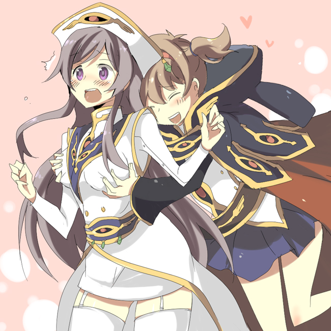 kl (dgzonbi), kururugi suzaku, luluko, suzako, code geass, 00s, 2girls, black hair, blush, brown hair, cape, closed eyes, dress, genderswap, genderswap (mtf), groping, hat, heart, long hair, multiple girls, open mouth, purple eyes, skirt, surprised, surprised arms, thighhighs, twintails