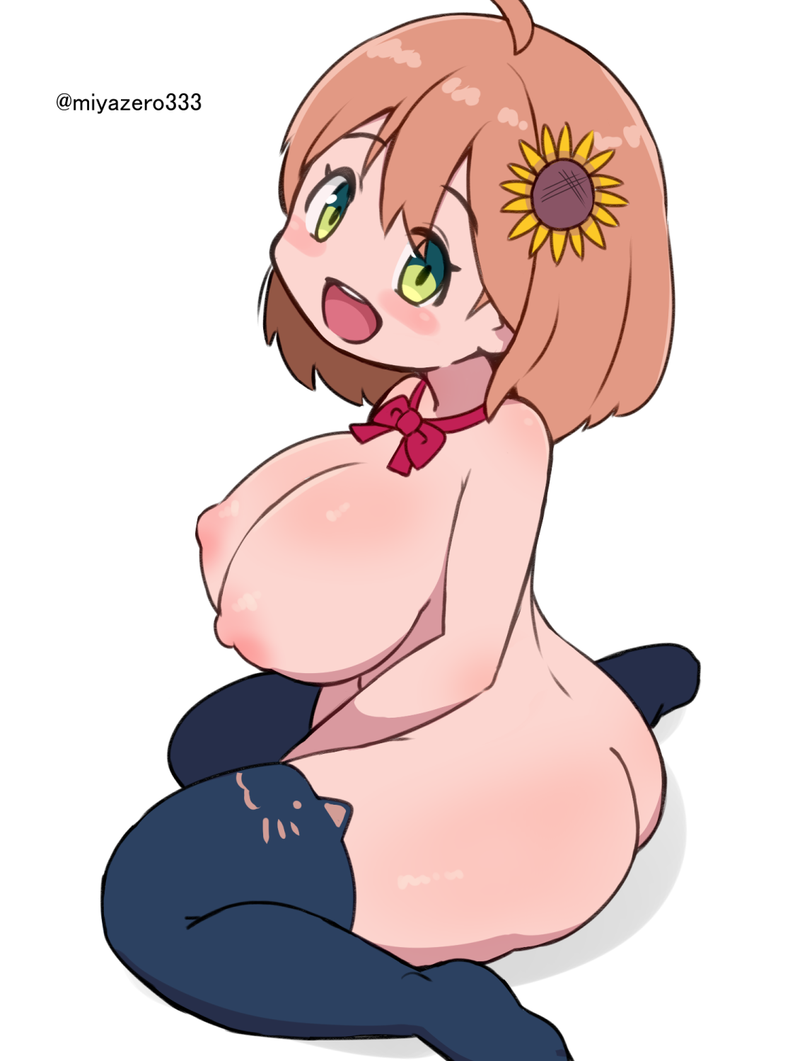 miyazero, honma himawari, honma himawari (1st costume), nijisanji, 1girl, ahoge, animal print, ass, black thighhighs, blush, bow, bowtie, breasts, brown hair, cat ear thighhighs, cat print, flower, green eyes, hair flower, hair ornament, large breasts, looking at viewer, naked bowtie, nipples, nude, open mouth, print thighhighs, red bow, red bowtie, short hair, sitting, smile, sunflower, sunflower hair ornament, teeth, thick thighs, thighhighs, thighs, virtual youtuber, white background, yellow flower