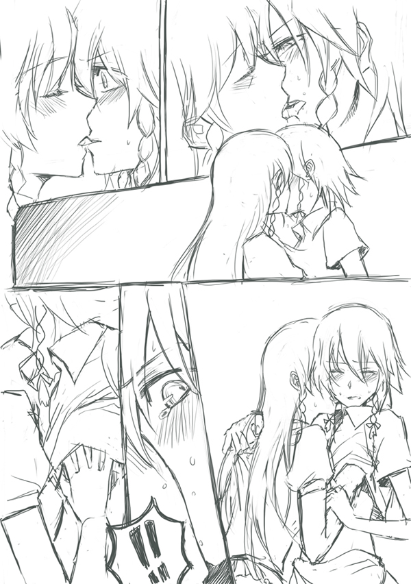 negom, hong meiling, izayoi sakuya, embodiment of scarlet devil, touhou, 2girls, clothes lift, female focus, greyscale, groping, kiss, monochrome, multiple girls, shirt lift, sketch, tongue, yuri