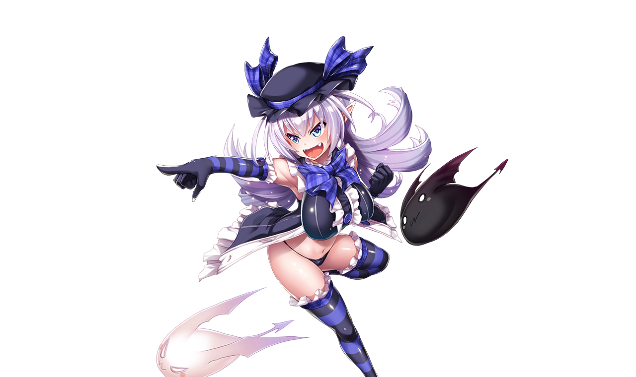 asahi, kuro (taimanin series), miriam (taimanin asagi), shiro (taimanin series), lilith-soft, taimanin (series), taimanin rpgx, highres, 1girl, 2others, :3, attack, bat wings, black panties, blue eyes, breasts, creature, curvy, fang, fangs, female focus, gloves, hat, huge breasts, jumping, long hair, micro panties, missile, multiple others, navel, open mouth, panties, pet, pointy ears, revealing clothes, shiny skin, smile, thong, transparent background, underwear, white hair, wide hips, wings