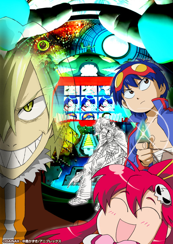 adiane, kamina (ttgl), rossiu adai, simon (ttgl), viral (ttgl), yoko littner, tengen toppa gurren lagann, 00s, 1girl, 2boys, :d, ^ ^, blonde hair, blue hair, closed eyes, gainaxtop, goggles, goggles on head, grin, looking at viewer, looking back, looking up, multiple boys, open mouth, pachinko, ponytail, red hair, sharp teeth, smile, teeth, yellow eyes