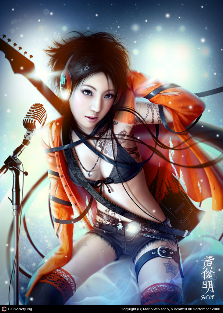 mario wibisono, original, bad cgsociety id, bad id, 1girl, belt, bikini, bikini top only, black bikini, black eyes, black hair, denim, denim shorts, female focus, guitar, headphones, instrument, jacket, jewelry, microphone, microphone stand, necklace, realistic, short hair, shorts, solo, star (symbol), star tattoo, swimsuit, tattoo, thighhighs, vintage microphone