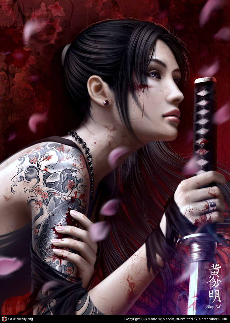 mario wibisono, original, bad cgsociety id, bad id, 1girl, bare shoulders, black hair, blood, female focus, jewelry, katana, long hair, necklace, ponytail, realistic, solo, sword, tattoo, torn clothes, weapon
