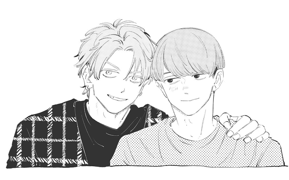 takami kouki, futsuu no keion-bu, 2boys, brothers, cropped torso, earrings, greyscale, grin, hand on another's shoulder, hoop earrings, jewelry, light smile, looking at another, looking at viewer, male focus, monochrome, multiple boys, parted bangs, plaid clothes, plaid shirt, q6kx5iqcgk550, screentones, shirt, short hair, siblings, simple background, smile, takami ryuki, v-shaped eyebrows, white background