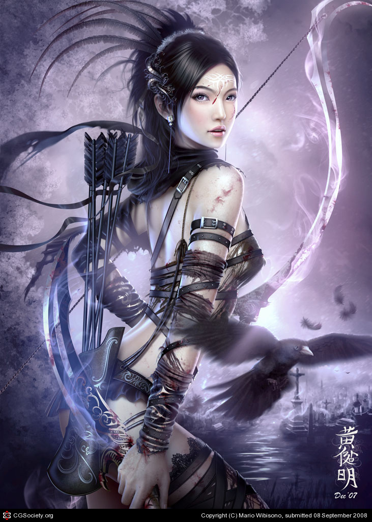 mario wibisono, original, bad cgsociety id, bad id, 1girl, arrow (projectile), bare shoulders, bird, black hair, blood, bow (weapon), brown eyes, crow, feathers, female focus, graveyard, long hair, looking back, realistic, solo, sword, torn clothes, weapon