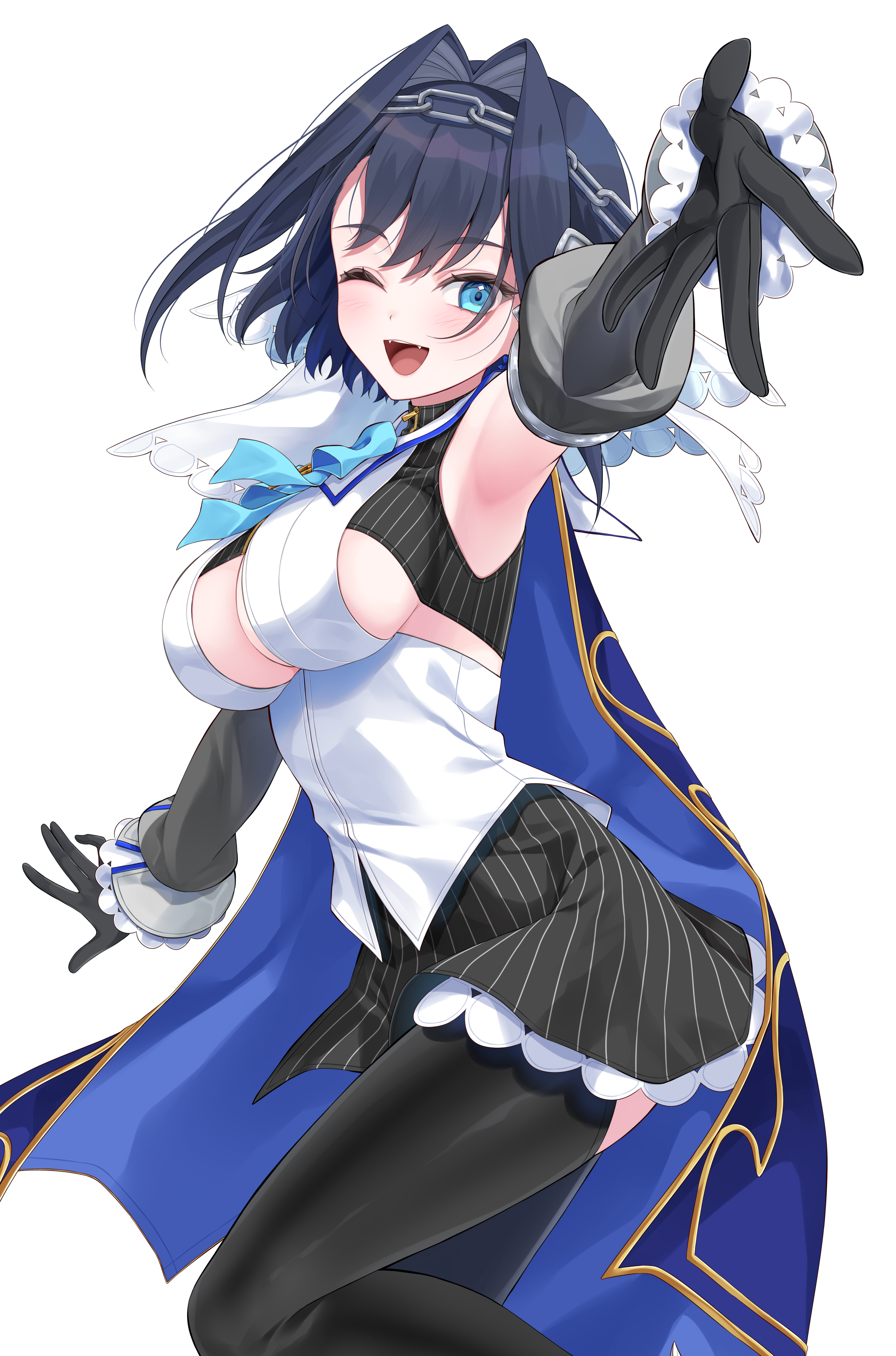 mogu (au1127), ouro kronii, ouro kronii (1st costume), hololive, hololive english, absurdres, commentary, hashtag-only commentary, highres, 1girl, ;d, arm up, armpits, black gloves, black shirt, black skirt, black thighhighs, blue bow, blue bowtie, blue cape, blue eyes, blue hair, bow, bow earrings, bowtie, breasts, cape, chain, chain headband, cleavage cutout, clothing cutout, cropped shirt, detached sleeves, earrings, fangs, frilled skirt, frilled sleeves, frills, gloves, grey sleeves, hair intakes, half-skirt, jewelry, juliet sleeves, large breasts, long sleeves, looking at viewer, miniskirt, one eye closed, open mouth, outstretched arm, pinstripe pattern, pinstripe shirt, pinstripe skirt, puffy sleeves, sailor collar, shirt, short hair, simple background, skirt, smile, solo, teeth, thighhighs, upper teeth only, veil, vest, virtual youtuber, white background, white sailor collar, white veil, white vest