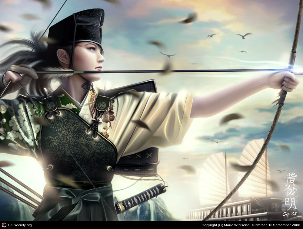 mario wibisono, tsuruchi saya, legend of the five rings, bad cgsociety id, bad id, 00s, 1girl, 2008, 3d, archery, armor, bird, black hair, boat, bow (weapon), cloud, eyeshadow, facial mark, feathers, female focus, fighting stance, fingerless gloves, floral print, gloves, glowing, hakama, hakama skirt, hat, japanese armor, japanese clothes, junk, katana, kimono, kyuudou, lips, lipstick, long hair, makeup, marksman, motion blur, muneate, outdoors, outstretched arm, partially fingerless gloves, partly fingerless gloves, ponytail, profile, realistic, ribbon, rope, sash, ship, shoulder armor, single glove, skirt, sky, sode, solo, sun, sunset, sword, upper body, watercraft, weapon, yellow eyes, yugake