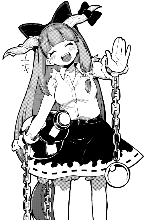 himajin noizu, ibuki suika, touhou, 1girl, breasts, closed eyes, monochrome, small breasts, solo