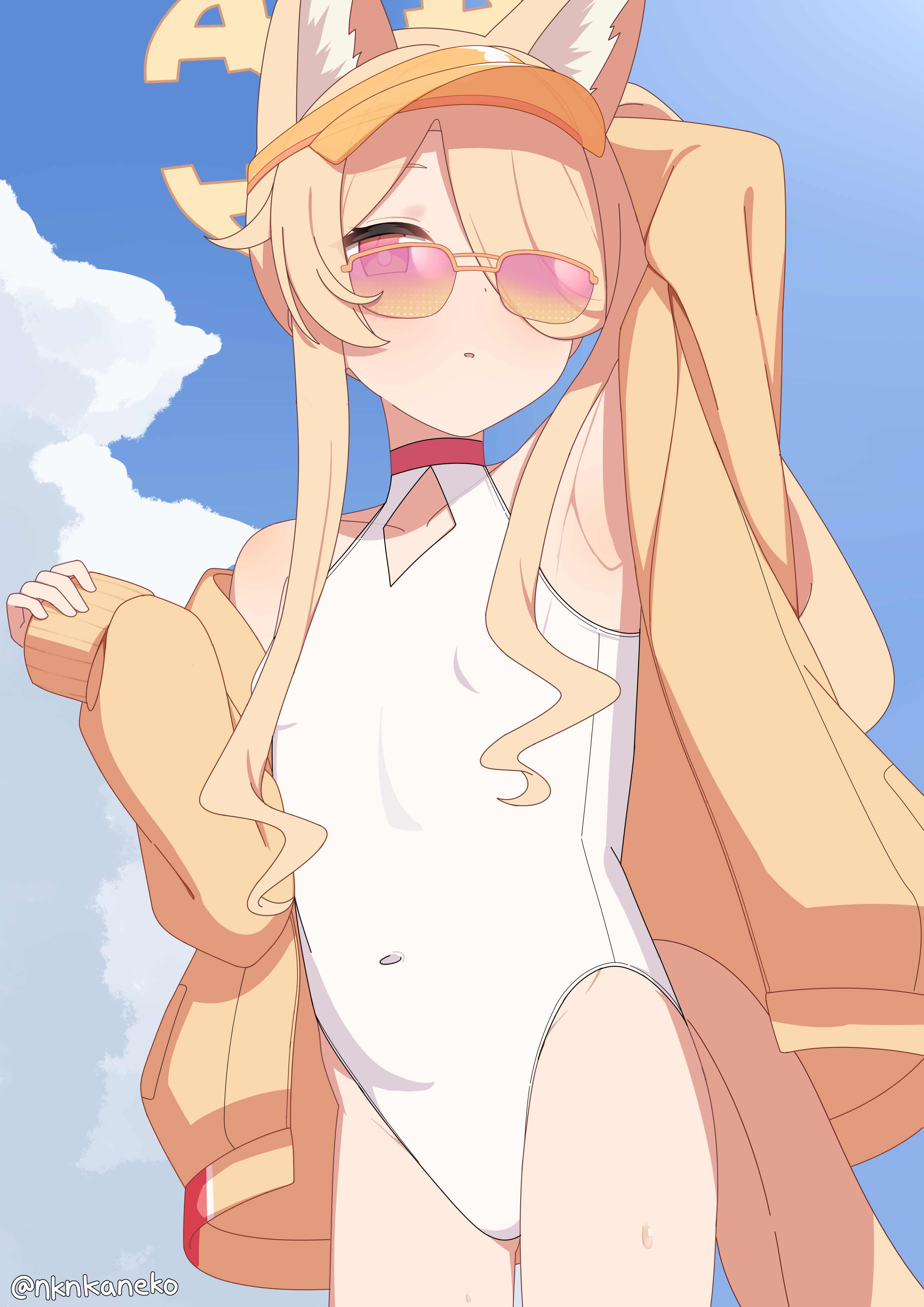 seia (blue archive), seia (swimsuit) (blue archive), blue archive, absurdres, commentary, english commentary, highres, 1girl, animal ear fluff, animal ears, arm behind head, arm up, armpits, bare legs, bare shoulders, blonde hair, blue sky, blush, bright pupils, choker, clothing cutout, cloud, cloudy sky, collarbone, covered navel, cowboy shot, cross halo, day, diamond cutout, flat chest, fox ears, fox girl, fox tail, hair over one eye, halo, highleg, highleg one-piece swimsuit, jacket, long hair, long sleeves, looking at viewer, nknkaneko, official alternate costume, official alternate hairstyle, one-piece swimsuit, outdoors, parted lips, pink eyes, ponytail, raised eyebrows, red choker, side ponytail, sky, sleeves past wrists, solo, standing, sunglasses, swimsuit, tail, thighs, tinted eyewear, twitter username, visor cap, white one-piece swimsuit, white pupils, yellow halo, yellow jacket, yellow tail, yellow visor