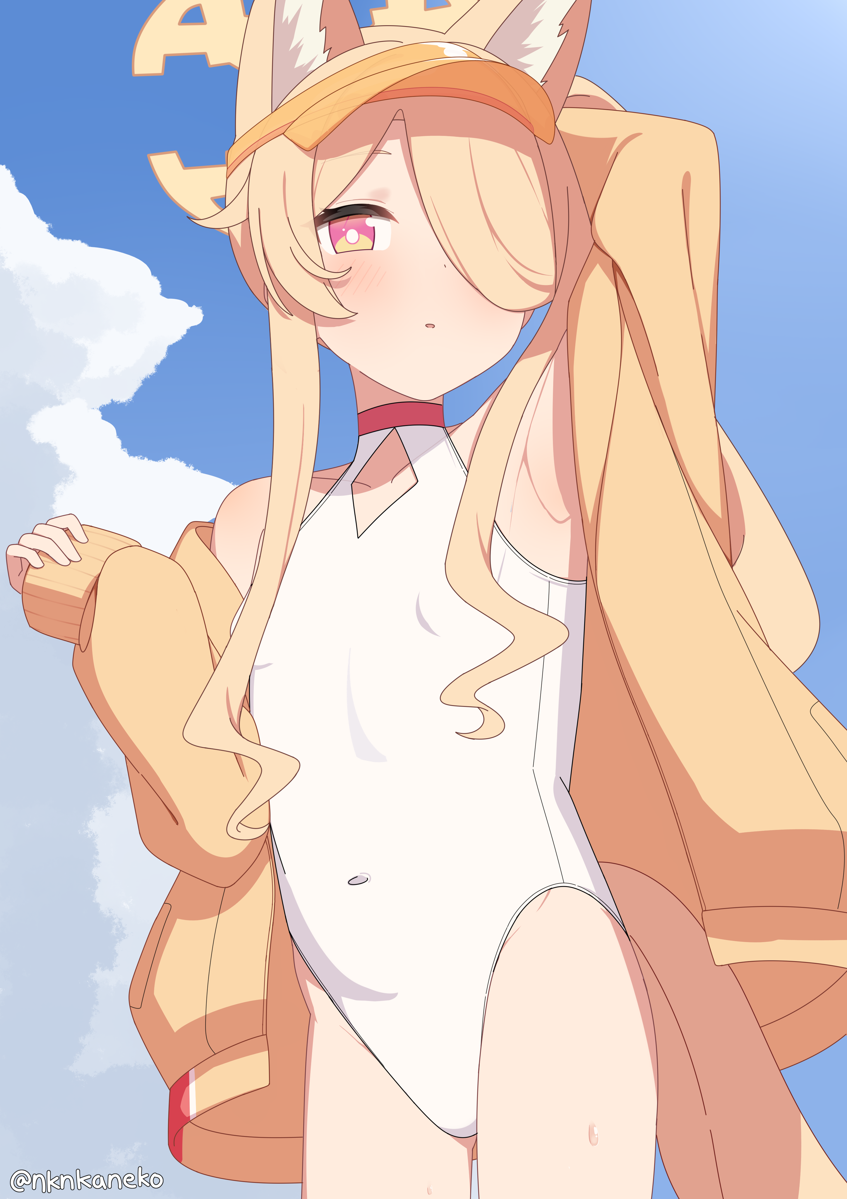 seia (blue archive), seia (swimsuit) (blue archive), blue archive, absurdres, commentary, english commentary, highres, 1girl, animal ear fluff, animal ears, arm behind head, arm up, armpits, bare legs, bare shoulders, blonde hair, blue sky, blush, bright pupils, choker, clothing cutout, cloud, cloudy sky, collarbone, covered navel, cowboy shot, cross halo, day, diamond cutout, flat chest, fox ears, fox girl, fox tail, hair over one eye, halo, highleg, highleg one-piece swimsuit, jacket, long hair, long sleeves, looking at viewer, nknkaneko, official alternate costume, official alternate hairstyle, one-piece swimsuit, outdoors, parted lips, pink eyes, ponytail, raised eyebrows, red choker, side ponytail, sky, sleeves past wrists, solo, standing, swimsuit, tail, thighs, twitter username, visor cap, white one-piece swimsuit, white pupils, yellow halo, yellow jacket, yellow tail, yellow visor