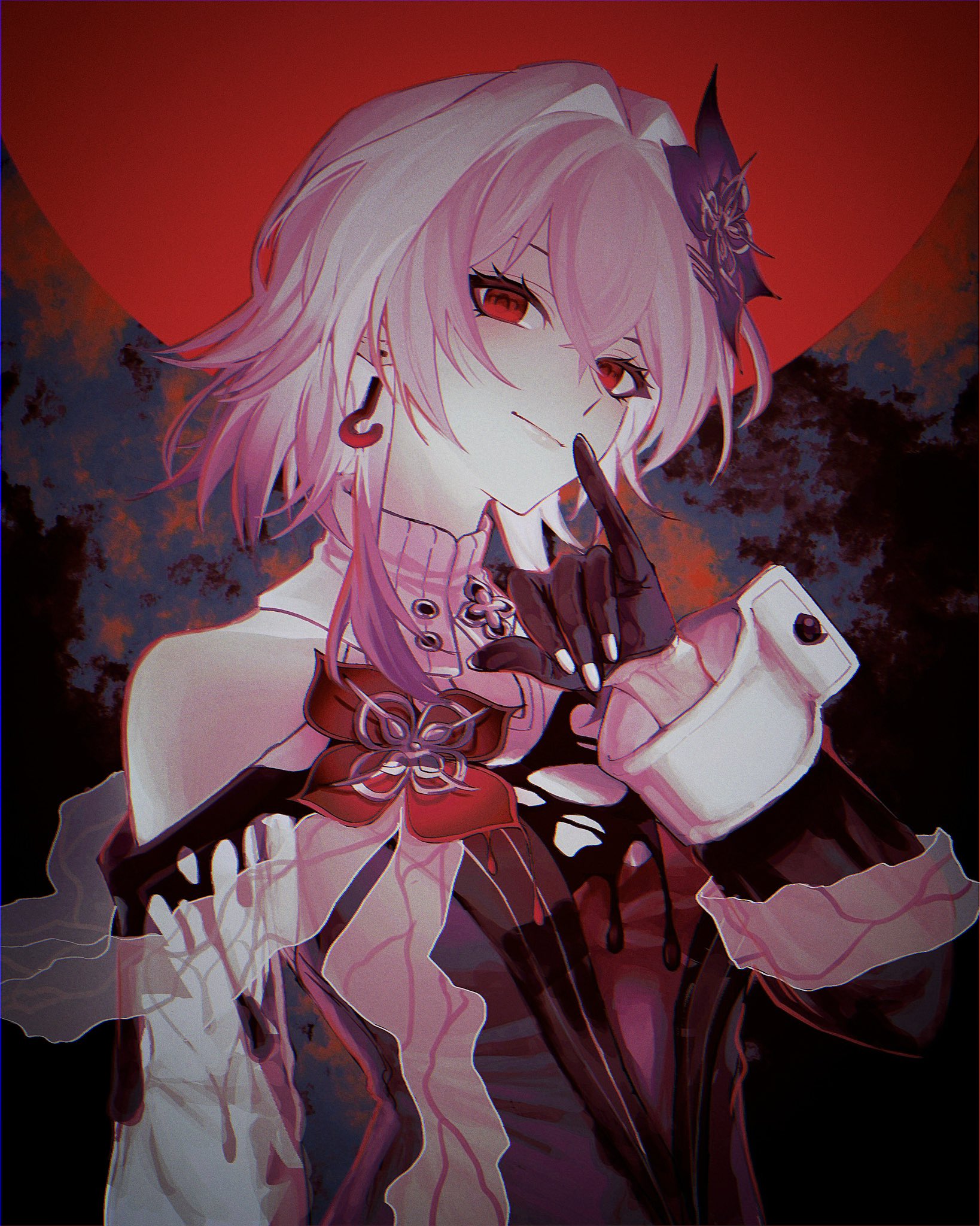 higure190, evernight (honkai: star rail), march 7th (honkai: star rail), honkai: star rail, honkai (series), highres, 1girl, black gloves, buttons, collar, earrings, flower, gloves, hair between eyes, hair flower, hair ornament, jewelry, light smile, moon, pink hair, red eyes, red flower, red moon, single bare shoulder, single earring, upper body, white collar
