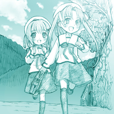 st parasu, matou sakura, tohsaka rin, fate/stay night, fate (series), lowres, 00s, 2girls, aged down, aqua theme, child, day, kneehighs, long hair, monochrome, multiple girls, outdoors, parted bangs, plant, running, school uniform, serafuku, siblings, sisters, socks, twintails, very long hair