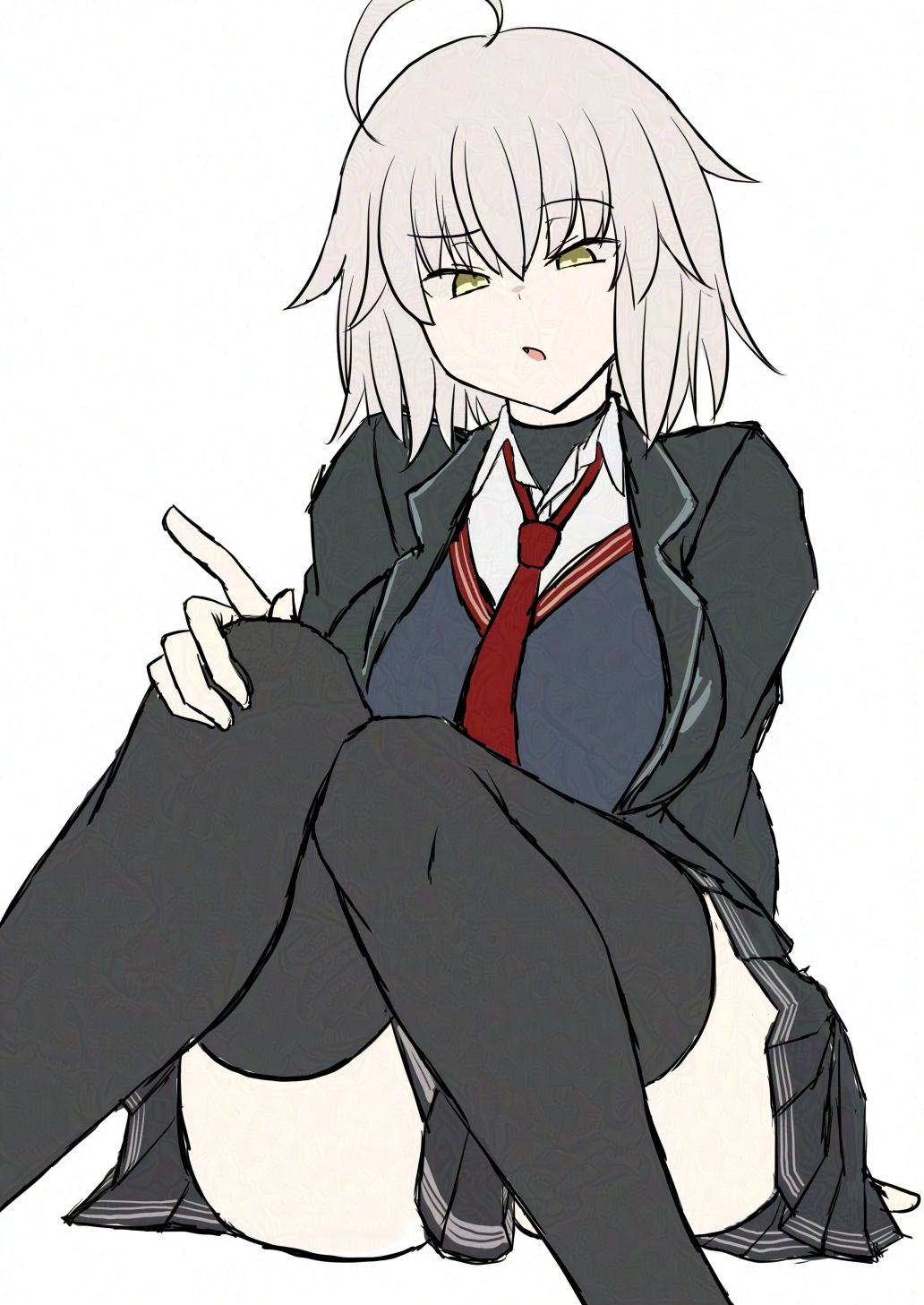 sawatarou (roto), jeanne d'arc alter (fate), fate/grand order, fate (series), highres, 1girl, ass, black jacket, black thighhighs, breasts, id (fate/grand order), jacket, large breasts, looking at viewer, necktie, official alternate costume, pleated skirt, pseudo-tokyo school uniform, red necktie, school uniform, short hair, sitting, skirt, solo, thighhighs, thighs, white background, white hair, yellow eyes
