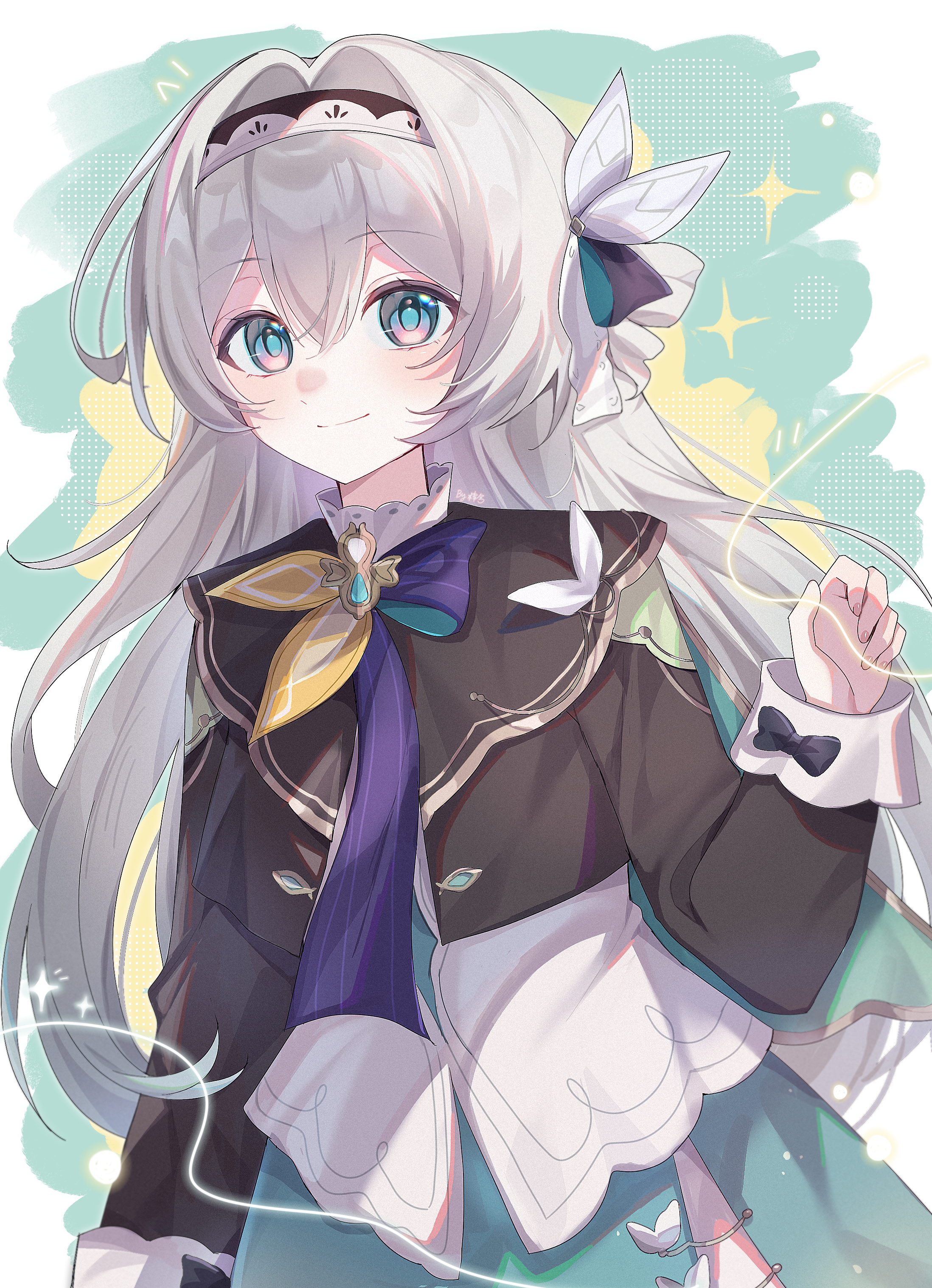 zixi, firefly (honkai: star rail), honkai: star rail, honkai (series), absurdres, highres, 1girl, alternate costume, blush, closed mouth, dress, green dress, green eyes, grey hair, hair between eyes, hair intakes, hair ornament, light blush, long hair, long sleeves, looking at viewer, smile, solo, very long hair