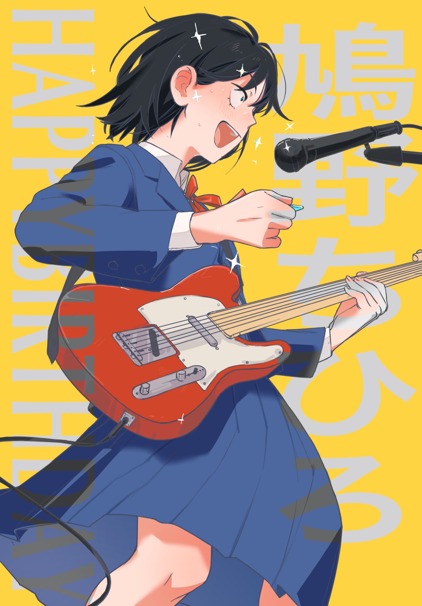 hatono chihiro, futsuu no keion-bu, small pupils, commentary request, highres, 1girl, :d, black eyes, black hair, blazer, blue jacket, cable, character name, collared shirt, electric guitar, feet out of frame, fender telecaster, fretless guitar, fretless instrument, guitar, guitar strap, happy birthday, holding, holding guitar, holding instrument, holding plectrum, instrument, jacket, long sleeves, masakamayo, microphone, microphone stand, neck ribbon, open mouth, pleated skirt, plectrum, red ribbon, ribbon, school uniform, shirt, short hair, skirt, smile, solo, sparkle, white shirt, winter uniform, yellow background