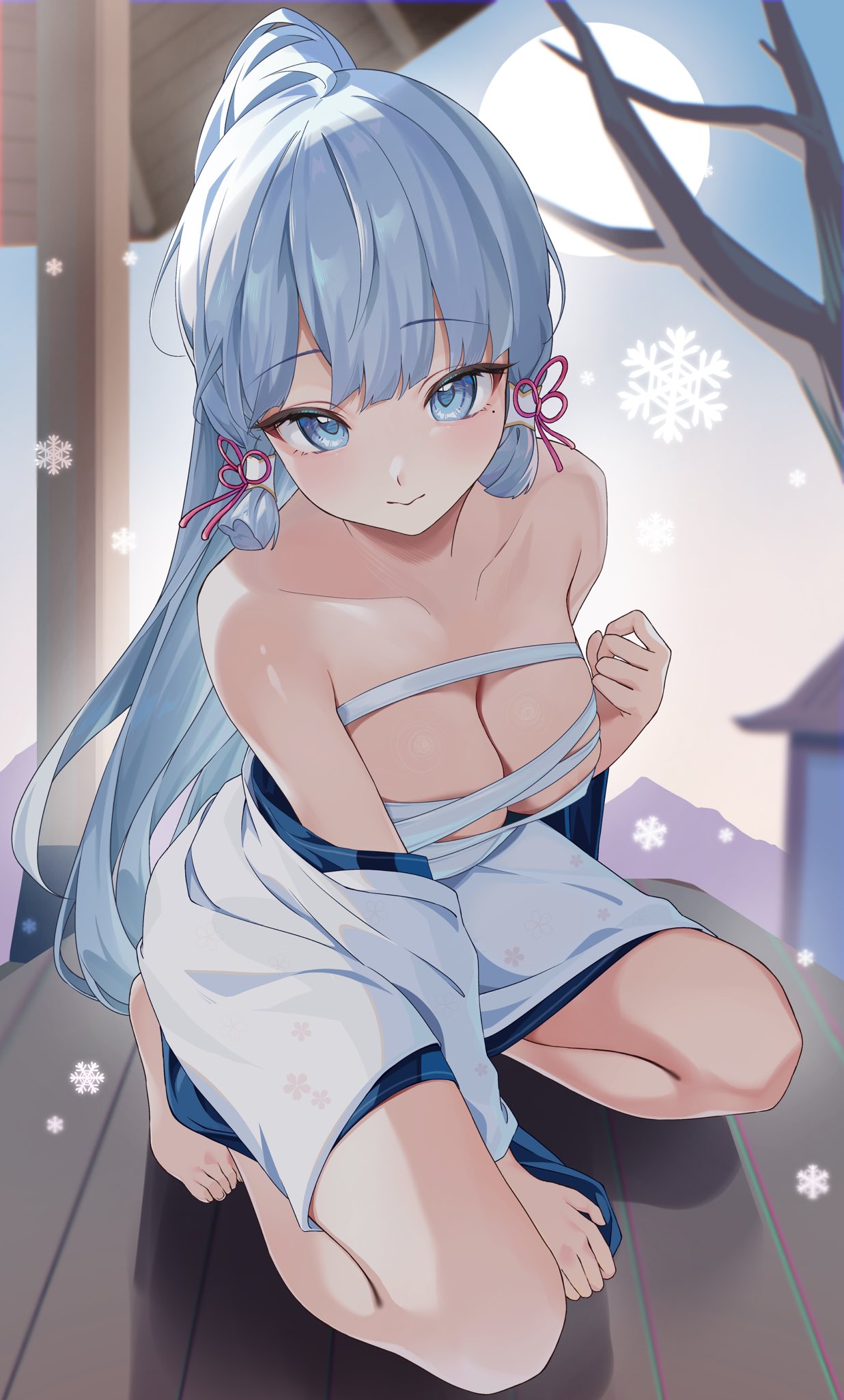 chobonu, ayaka (genshin impact), genshin impact, commentary, highres, revision, 1girl, blue eyes, blue hair, breasts, chest sarashi, cleavage, closed mouth, collarbone, full body, hand up, high ponytail, kneeling, long hair, looking at viewer, medium breasts, mole, mole under eye, ponytail, sarashi, sidelocks, snowflakes, solo, very long hair