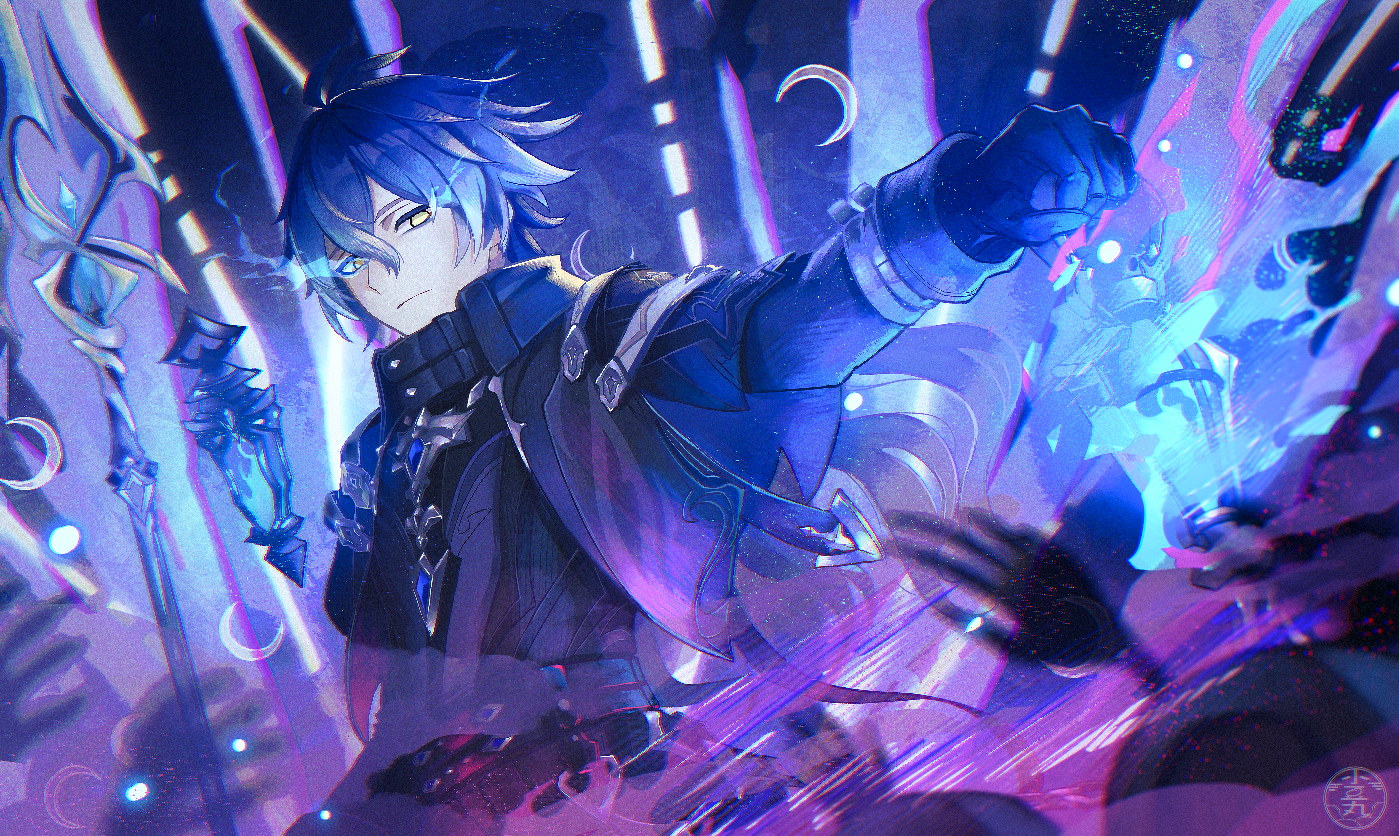 azukimaru, flins (genshin impact), genshin impact, commentary request, highres, 1boy, antenna hair, belt, black belt, black capelet, black coat, black gloves, black ribbon, blue fire, blue hair, capelet, chromatic aberration, closed mouth, coat, collared capelet, crescent moon, crossed bangs, expressionless, fire, flaming eyes, floating hair, gloves, gradient hair, hair between eyes, holding, holding lantern, holding polearm, holding weapon, lantern, light particles, long hair, long sleeves, looking at viewer, male focus, moon, multicolored hair, outstretched arm, polearm, purple fire, purple shirt, ribbon, shirt, sleeve cuffs, solo, upper body, weapon, yellow eyes