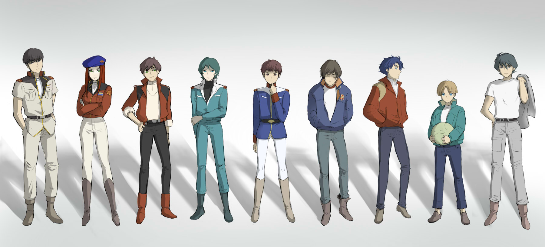 sabata yuki, tori (driftwood), amuro ray, banagher links, christina mackenzie, haro, judau ashta, kamille bidan, kou uraki, seabook arno, shiro amada, uso evin, uso ewin, ghost in the shell, ghost in the shell: stand alone complex, gundam, gundam 0080, gundam 0083, gundam 08th ms team, gundam f91, gundam unicorn, gundam zz, mobile suit gundam, victory gundam, zeta gundam, highres, 1990s (style), 1girl, 6+boys, belt, beret, boots, ghost in the shell lineup, hat, in-franchise crossover, jacket, lineup, military, military uniform, multiple boys, parody, retro artstyle