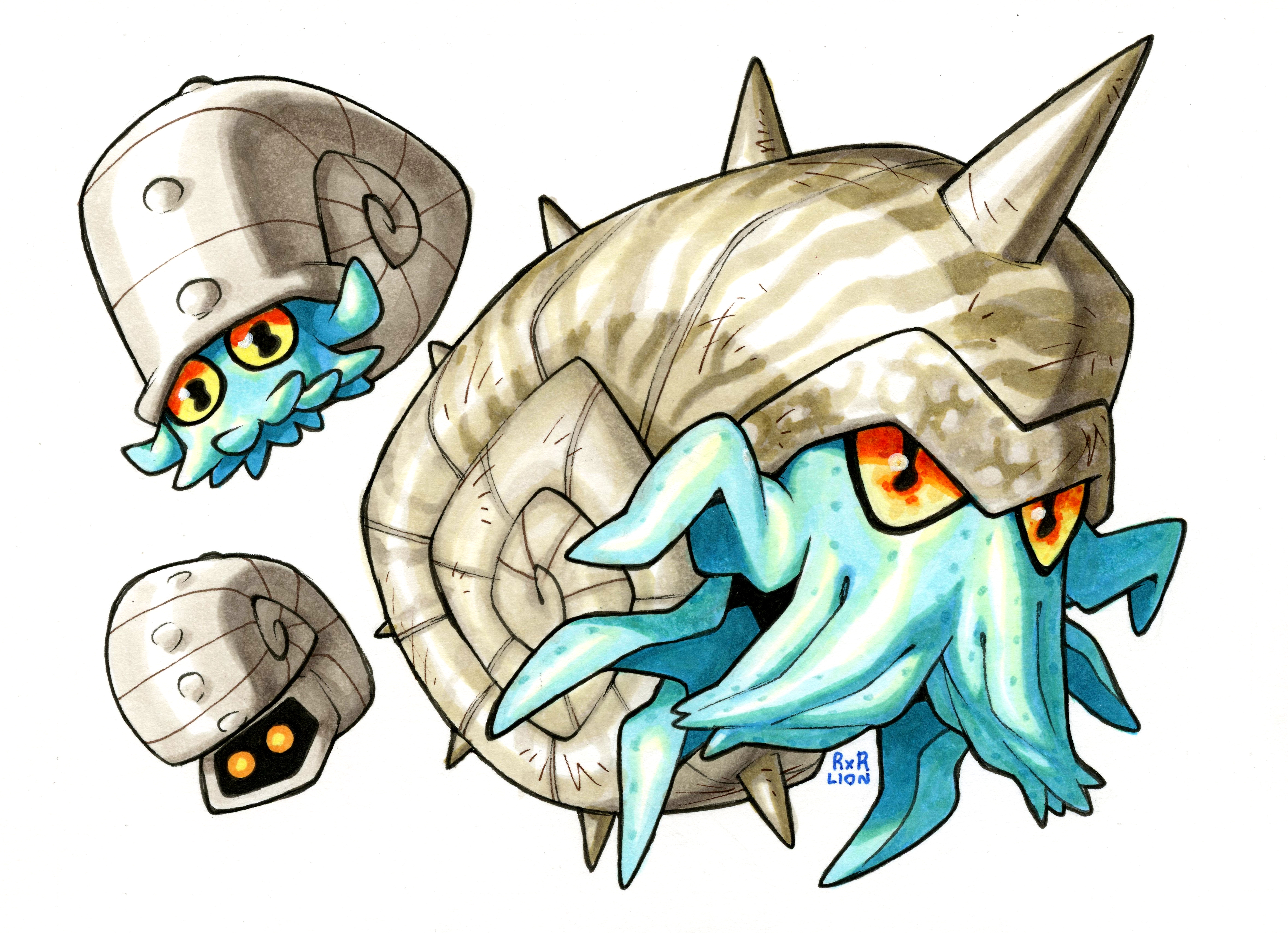 railroadlion, omanyte, omastar, nintendo, pokemon, absurdres, highres, artist name, cephalopod eyes, colored sclera, evolutionary line, gen 1 pokemon, glowing, glowing eyes, orange sclera, pokemon (creature), simple background, white background
