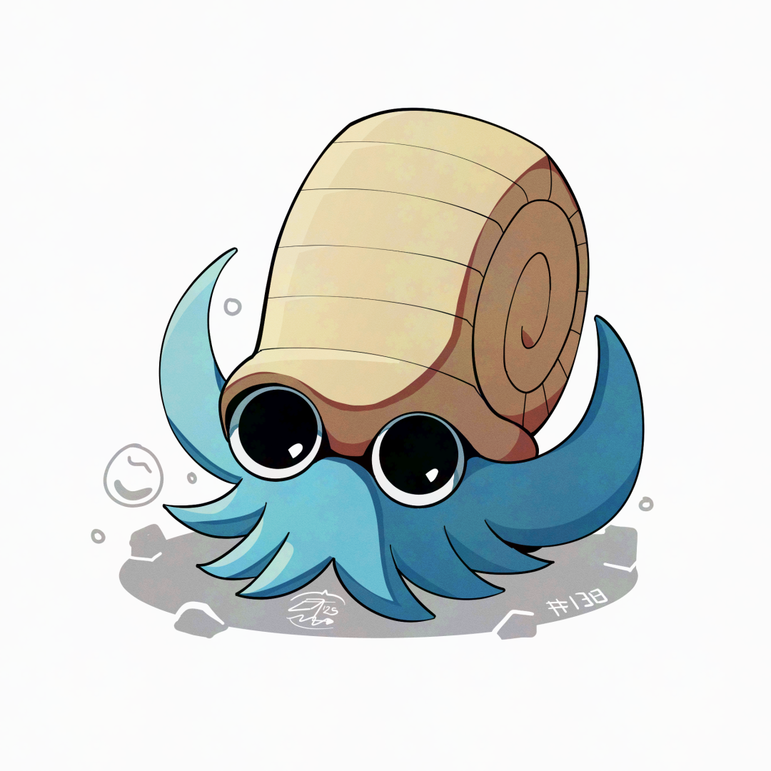 mistray-art, omanyte, nintendo, pokemon, black eyes, full body, gen 1 pokemon, looking at viewer, pokedex number, pokemon (creature), simple background