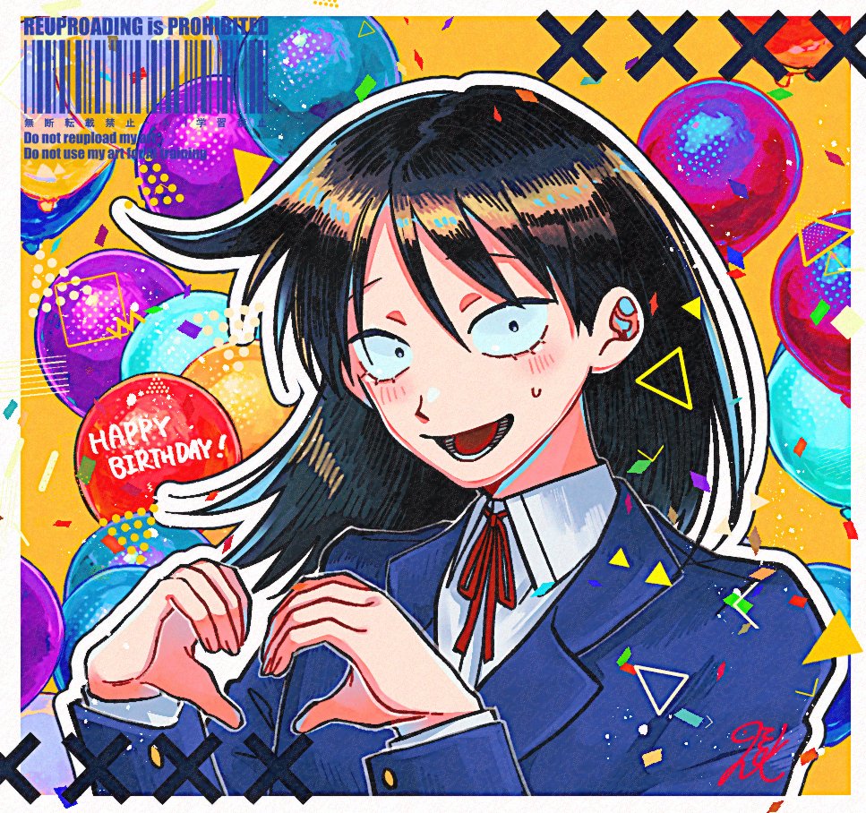kohaya58938, hatono chihiro, futsuu no keion-bu, small pupils, 1girl, :d, balloon, barcode, black eyes, black hair, blazer, blue jacket, collared shirt, dress shirt, english text, engrish text, hands up, happy birthday, heart, heart hands, jacket, long hair, neck ribbon, open mouth, outline, ranguage, red ribbon, ribbon, sanpaku, school uniform, shirt, side ahoge, signature, small sweatdrop, smile, solo, upper body, white outline, white shirt