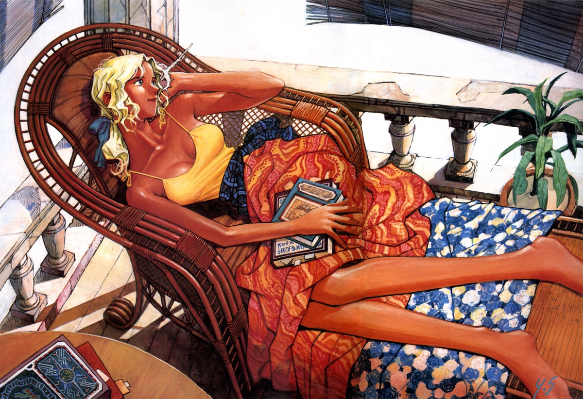 sadamoto yoshiyuki, electra (nadia), fushigi no umi no nadia, 1990s (style), 1girl, barefoot, blonde hair, blue eyes, book, breasts, cleavage, day, female focus, from above, hand on own head, indoors, low ponytail, medium breasts, parted bangs, plant, ponytail, retro artstyle, solo, wooden floor