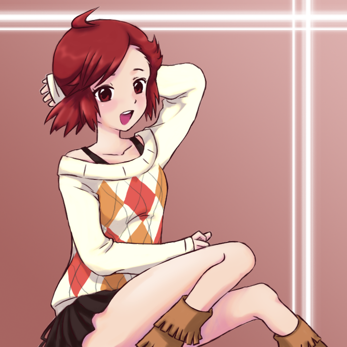 dairisan, aoba tsugumi, kannagi, bad id, bad pixiv id, 00s, 1girl, argyle clothes, argyle sweater, brown hair, casual, female focus, red hair, short hair, skirt, solo, stretching, sweater