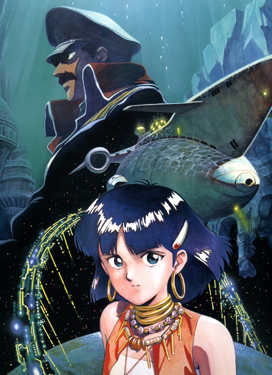 sadamoto yoshiyuki, nadia la arwall, nautilus, nemo (nadia), fushigi no umi no nadia, highres, 1990s (style), 1boy, 1girl, bandeau, blue hair, earrings, hat, jewelry, military, military uniform, neck ring, necklace, peaked cap, retro artstyle, space, strapless, submarine, tube top, underwater, vest, watercraft