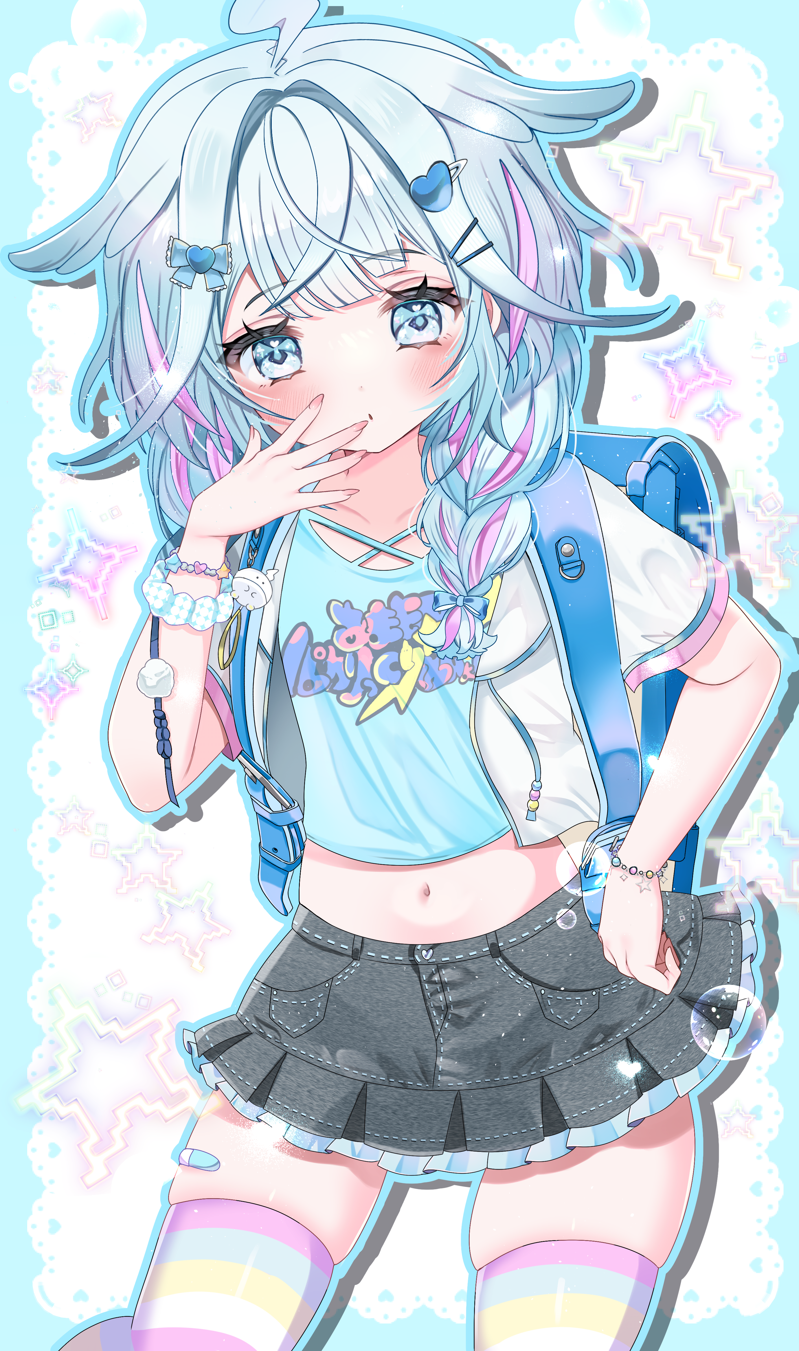 mainai (pochiwan1108), mizumiya su, hololive, hololive dev is, absurdres, commentary request, highres, 1girl, adapted costume, ahoge, alternate costume, backpack, bag, black skirt, blue bag, blue border, blue eyes, blue hair, blue outline, blue ribbon, blue shirt, border, bracelet, braid, center-flap bangs, clothes writing, contrapposto, cowboy shot, cropped jacket, cropped shirt, crossed bangs, denim, denim skirt, drawstring, drop shadow, fingernails, frilled skirt, frills, hair flaps, hair intakes, hair ornament, hair ribbon, hairclip, hairpin, hand on own hip, hand up, heart, heart hair ornament, heart in eye, jacket, jewelry, jojifuku, lace, lace border, long fingernails, long hair, looking at viewer, low twin braids, midriff, miniskirt, multicolored hair, multicolored thighhighs, navel, open clothes, open jacket, ornate border, outline, parted lips, petite, pink streaks, pleated skirt, pocket, randoseru, ribbon, scrunchie, shirt, short sleeves, skindentation, skirt, soap bubbles, solo, sparkle, standing, star (symbol), streaked hair, striped clothes, striped thighhighs, symbol in eye, thighhighs, thighs, twin braids, two-tone hair, virtual youtuber, white jacket, white scrunchie, zettai ryouiki