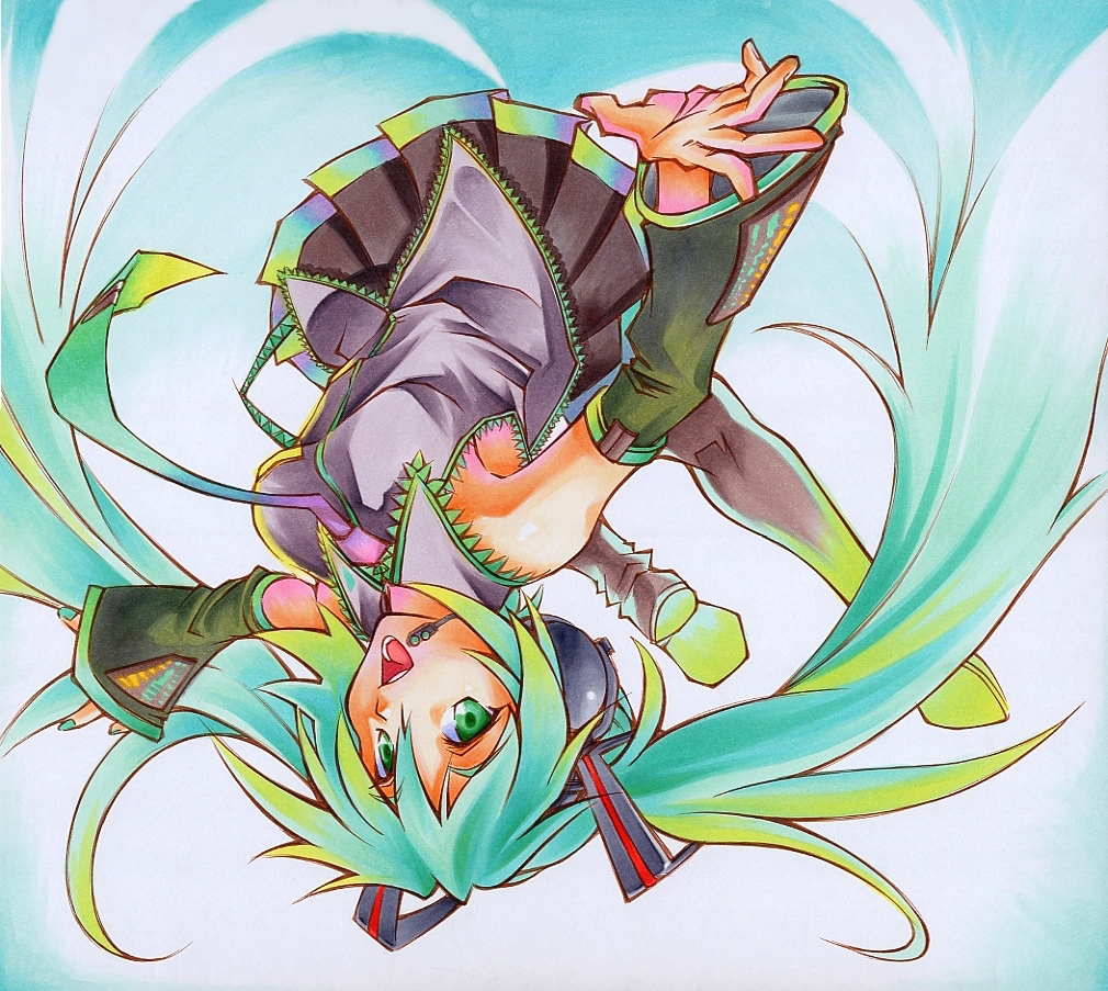 calnarsa, hatsune miku, vocaloid, traditional media, 1girl, armpits, detached sleeves, female focus, green hair, long hair, shikishi, solo, thighhighs, twintails
