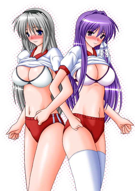 izumi yayoi, yayoi izumi, fujibayashi kyou, sakagami tomoyo, clannad, silver hair, 00s, 2girls, blush, bra, breasts, buruma, cleavage, clothes lift, gym uniform, large breasts, lingerie, long hair, multiple girls, purple hair, shirt lift, thighhighs, underwear