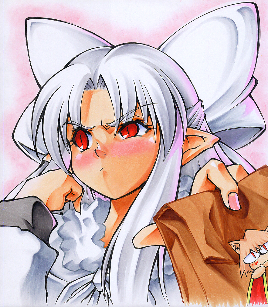 calnarsa, neco-arc, white len (tsukihime), melty blood, tsukihime, type-moon, traditional media, 00s, 1girl, blush, dress, female focus, gift, half updo, holding, holding gift, long hair, pointy ears, red eyes, ribbon, shikishi, slit pupils, solo, tsundere, white hair