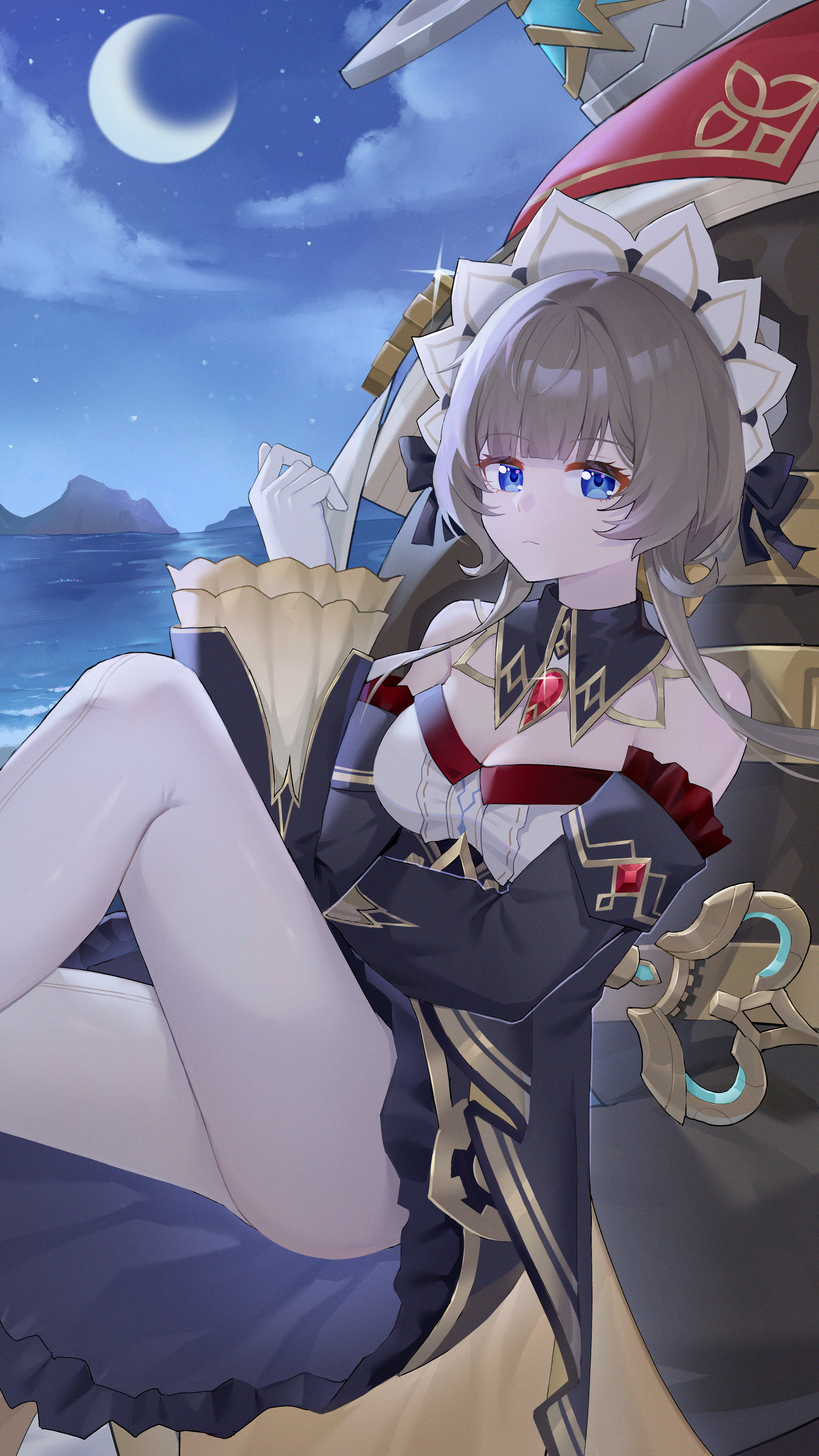 pulonia (genshin impact), sandrone (genshin impact), genshin impact, absurdres, highres, 1girl, 1other, blue eyes, breasts, brown hair, cleavage, closed mouth, crescent, detached collar, detached sleeves, dress, gem, gloves, jewelry, long hair, long sleeves, looking at viewer, medium breasts, night, night sky, outdoors, pantyhose, red gemstone, robot, sky, strapless, strapless dress, w-baiye, white gloves, white pantyhose, wide sleeves