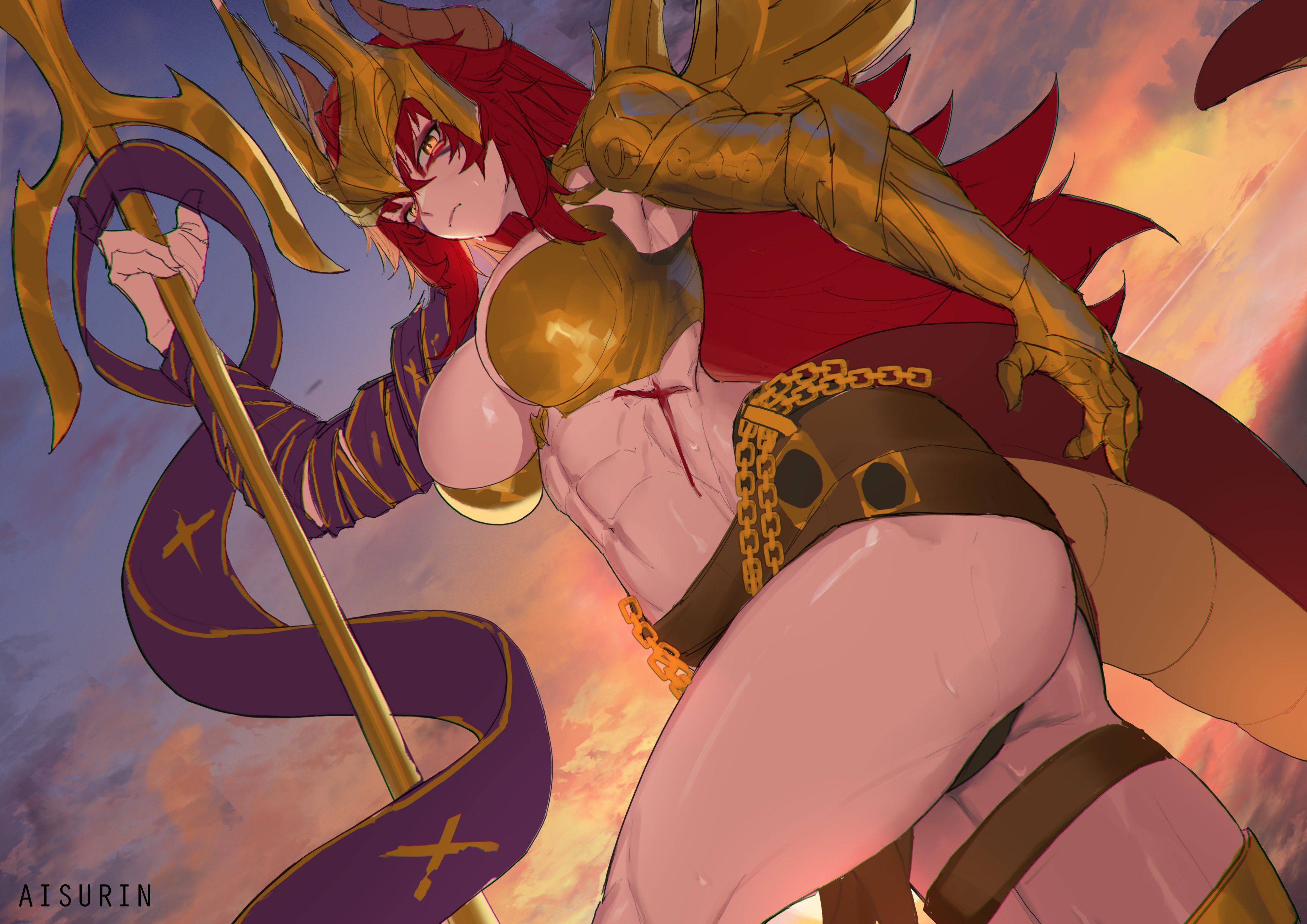 aisurin1st, angela (marvel), zentreya, zentreya (dragon), indie virtual youtuber, marvel, marvel rivals, thor (marvel) (series), absurdres, highres, 1girl, alternate costume, breasts, cleavage, dragon girl, dragon horns, gloves, horns, large breasts, long hair, looking at viewer, metal bra, red hair, smile, solo, tail, virtual youtuber, yellow eyes