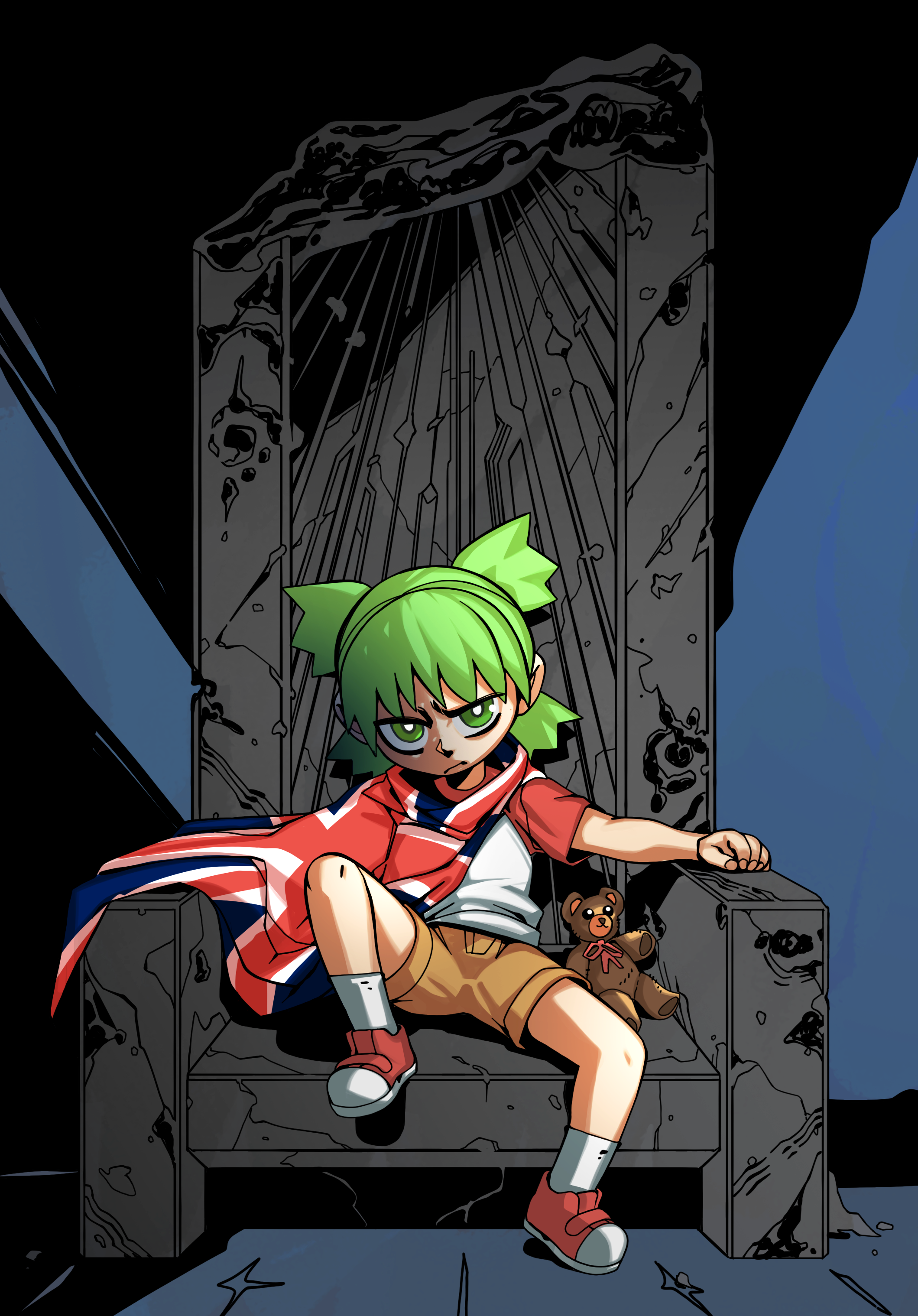 ramenwarwok, koiwai yotsuba, 4chan, akira (manga), yotsubato!, absurdres, bad source, highres, 1girl, anniversary, frown, green eyes, green hair, looking at viewer, parody, shorts, sitting, solo, stuffed animal, stuffed toy, teddy bear, throne, union jack